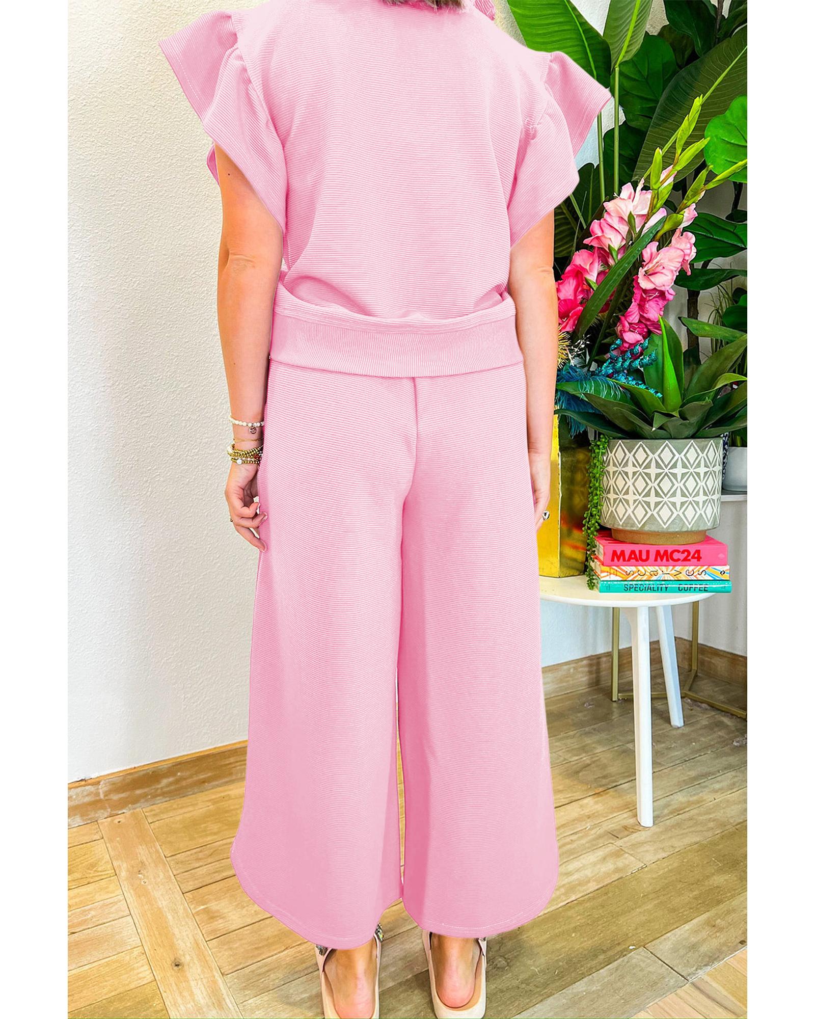 Pink Textured Ruffled Sleeve Zipped Top and Wide Leg Pants Set - L 4