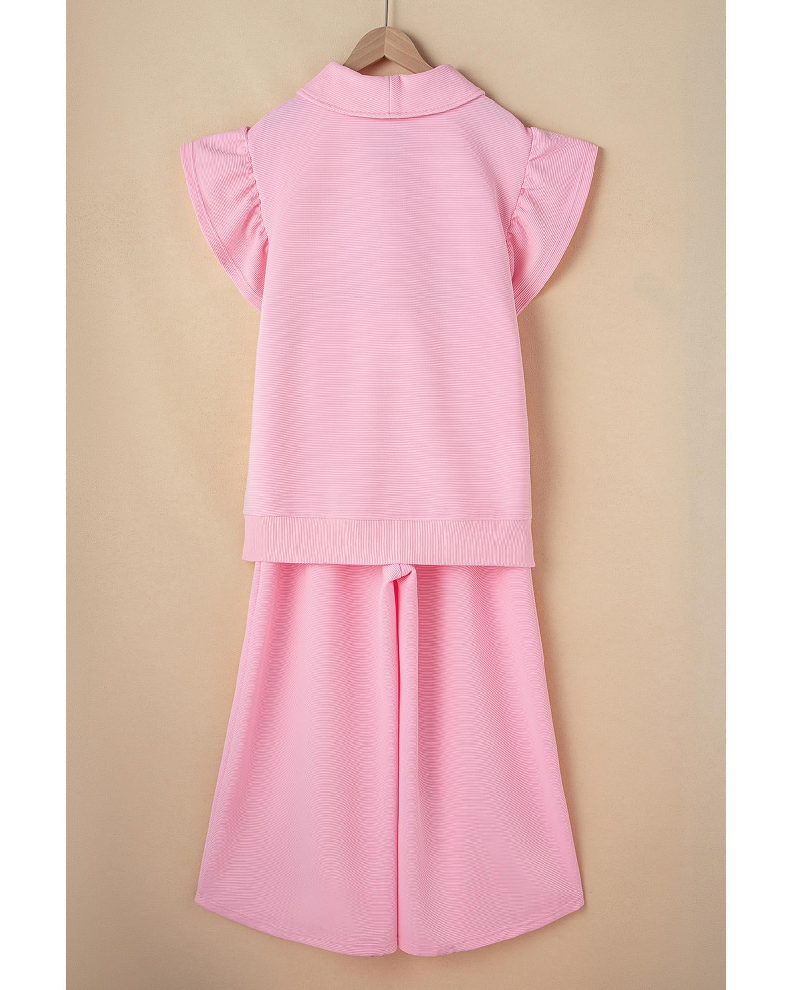 Pink Textured Ruffled Sleeve Zipped Top and Wide Leg Pants Set - L 5