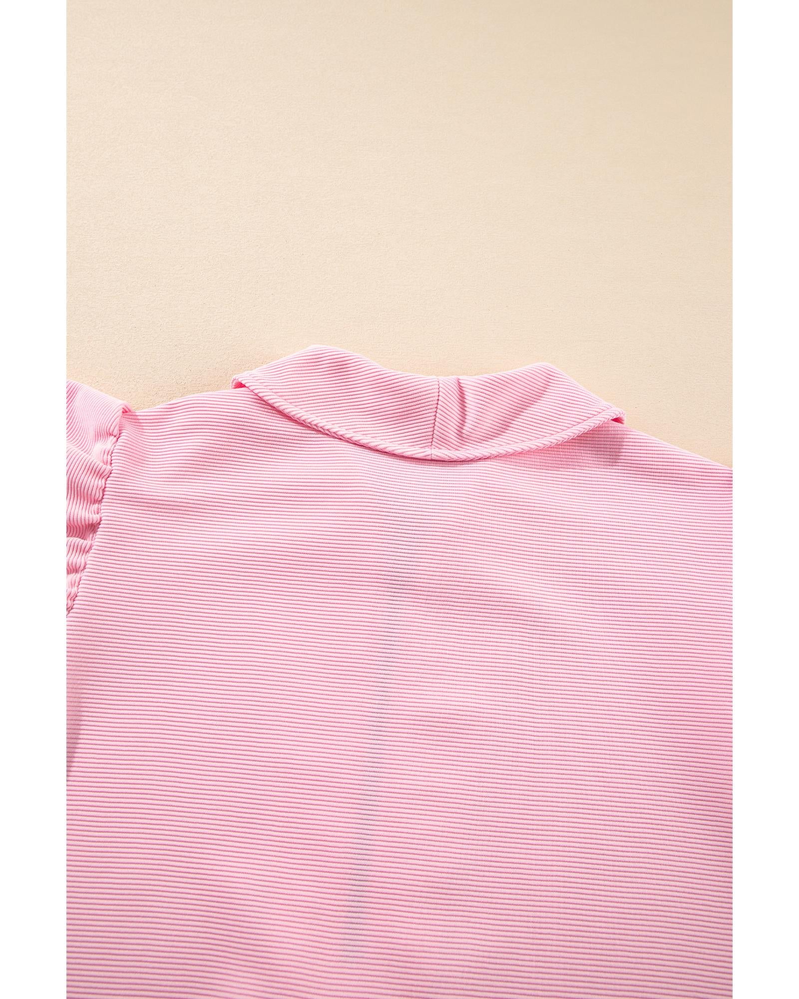 Pink Textured Ruffled Sleeve Zipped Top and Wide Leg Pants Set - L 7