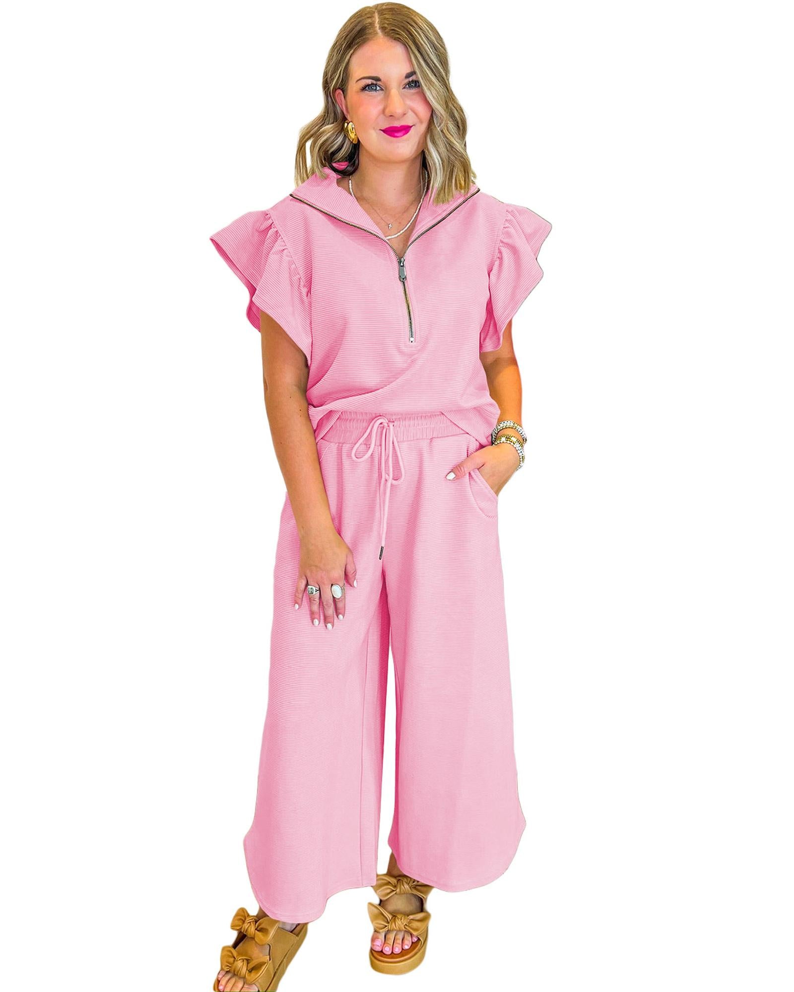 Pink Textured Ruffled Sleeve Zipped Top and Wide Leg Pants Set - M