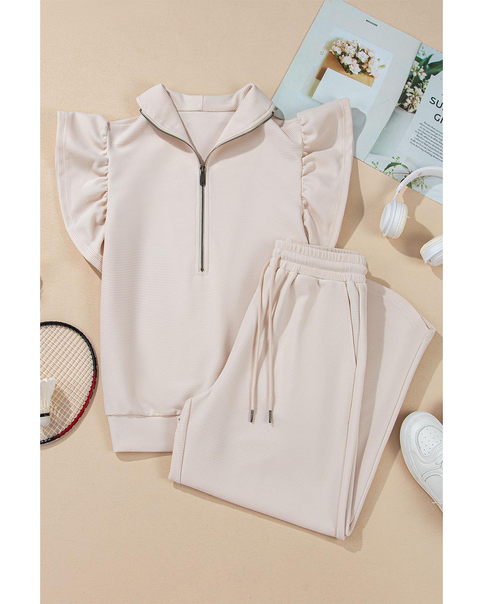 Apricot Textured Ruffled Sleeve Zipped Top and Wide Leg Pants Set - L 5