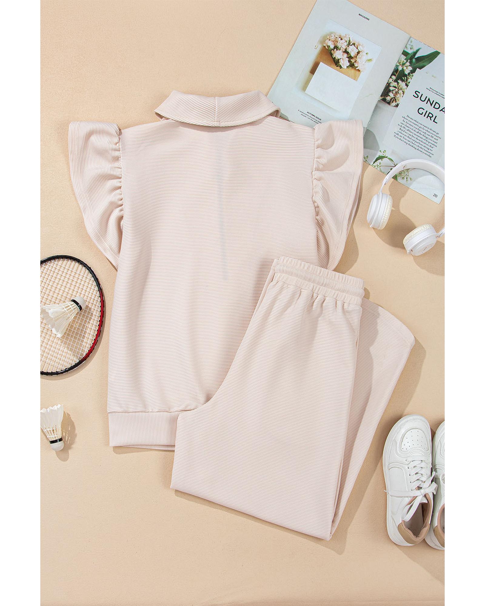 Apricot Textured Ruffled Sleeve Zipped Top and Wide Leg Pants Set - L 6
