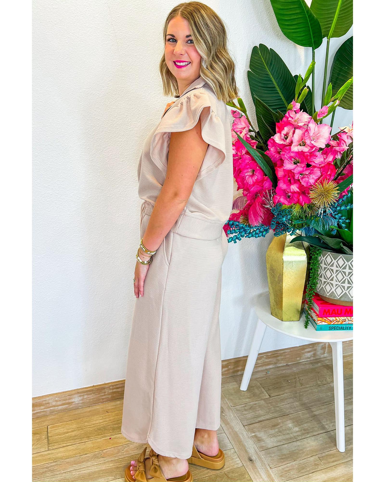 Apricot Textured Ruffled Sleeve Zipped Top and Wide Leg Pants Set - L 8