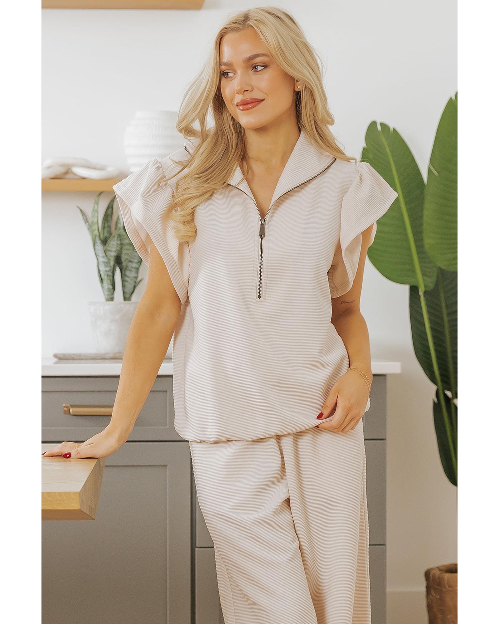 Apricot Textured Ruffled Sleeve Zipped Top and Wide Leg Pants Set - M 4