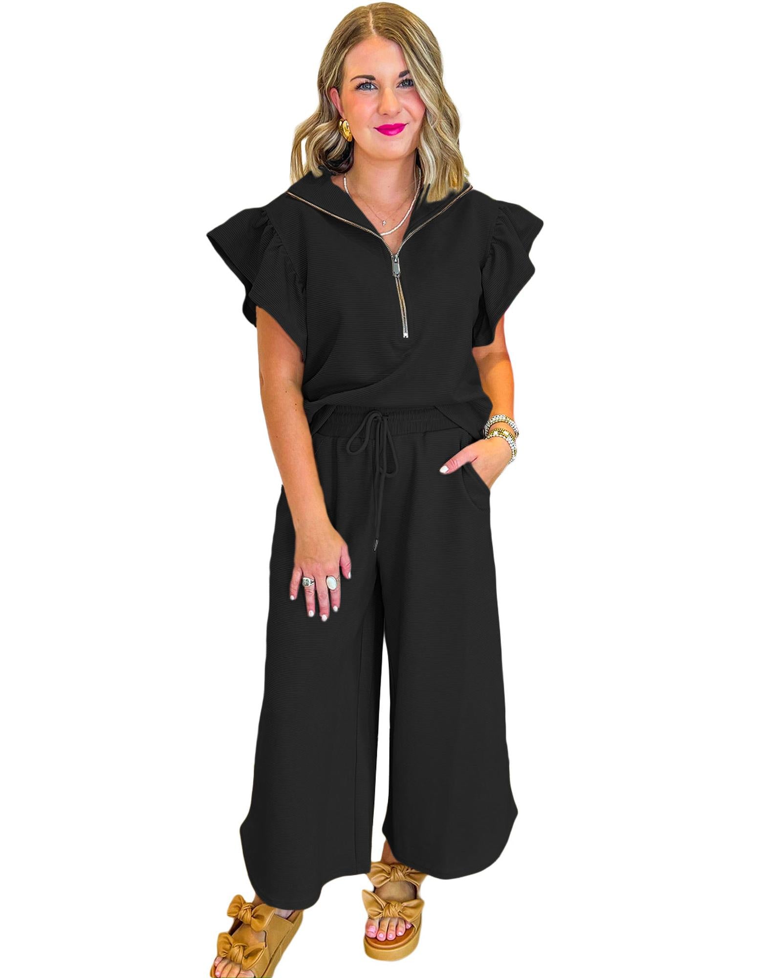 Black Textured Ruffled Sleeve Zipped Top and Wide Leg Pants Set - M 3