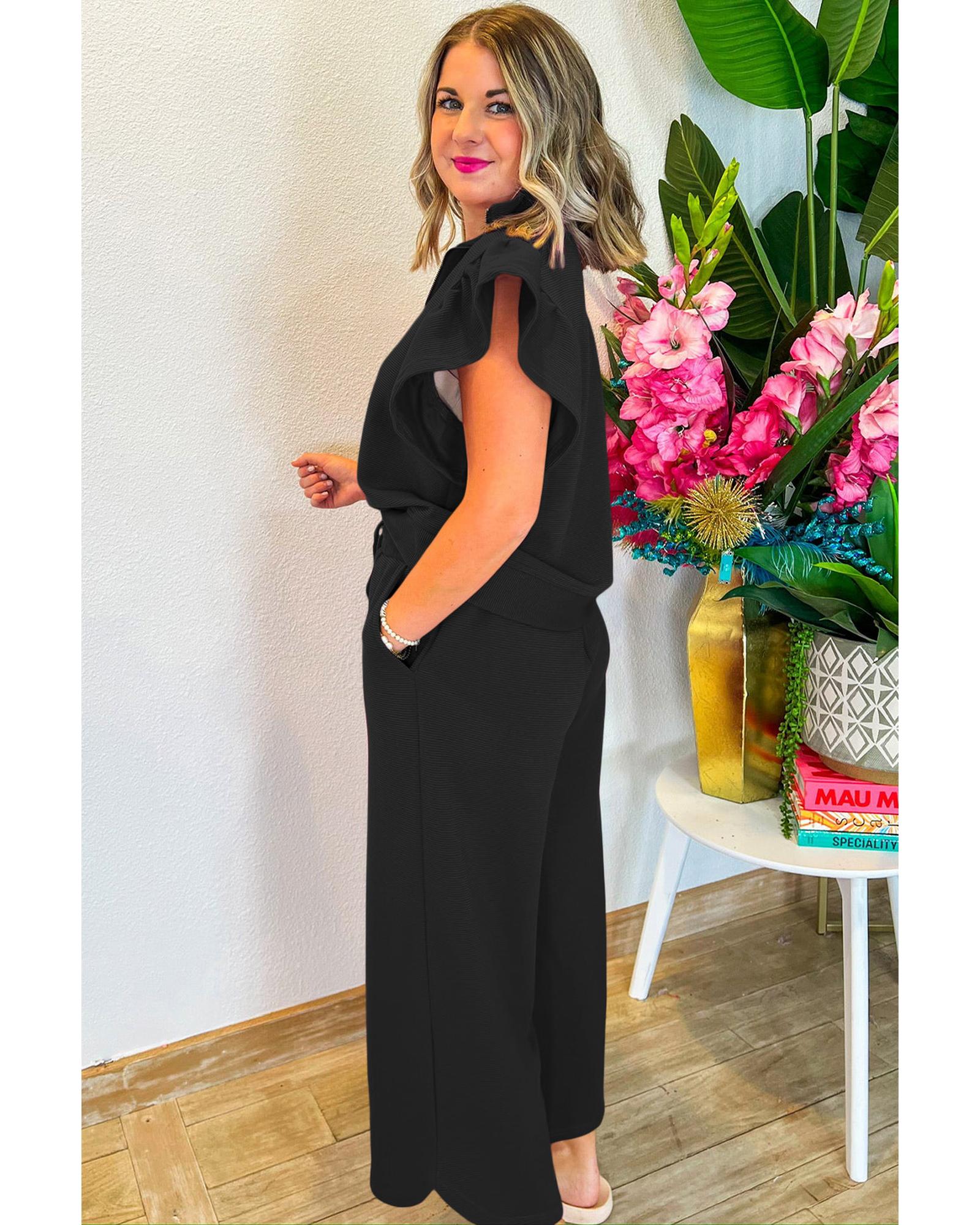 Black Textured Ruffled Sleeve Zipped Top and Wide Leg Pants Set - M 4