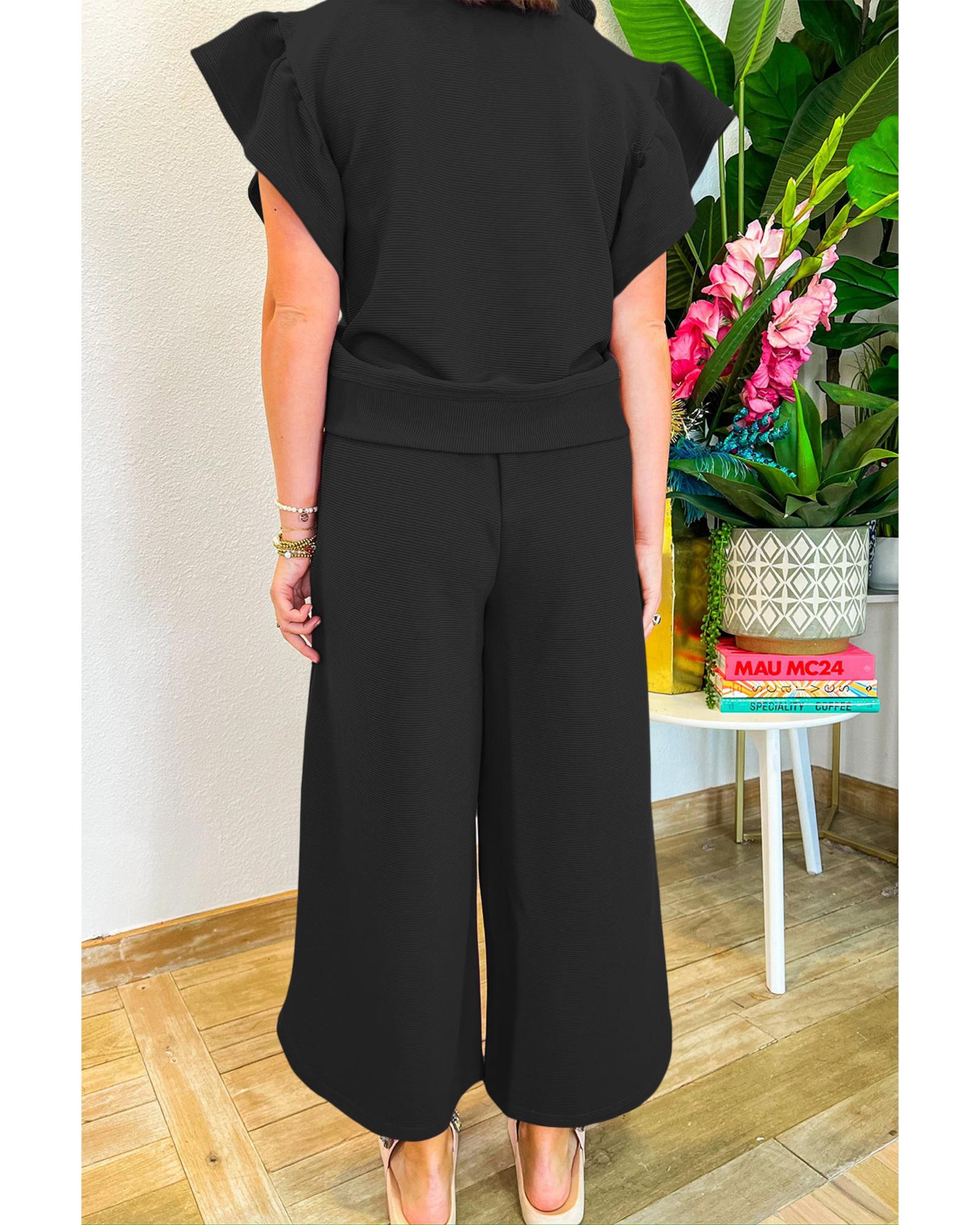 Black Textured Ruffled Sleeve Zipped Top and Wide Leg Pants Set - M 5