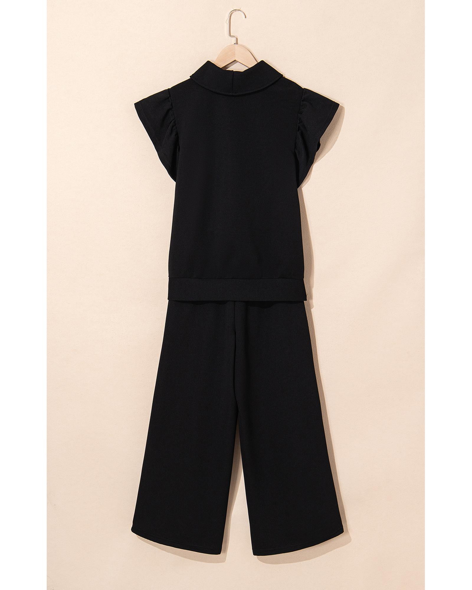 Black Textured Ruffled Sleeve Zipped Top and Wide Leg Pants Set - M 6