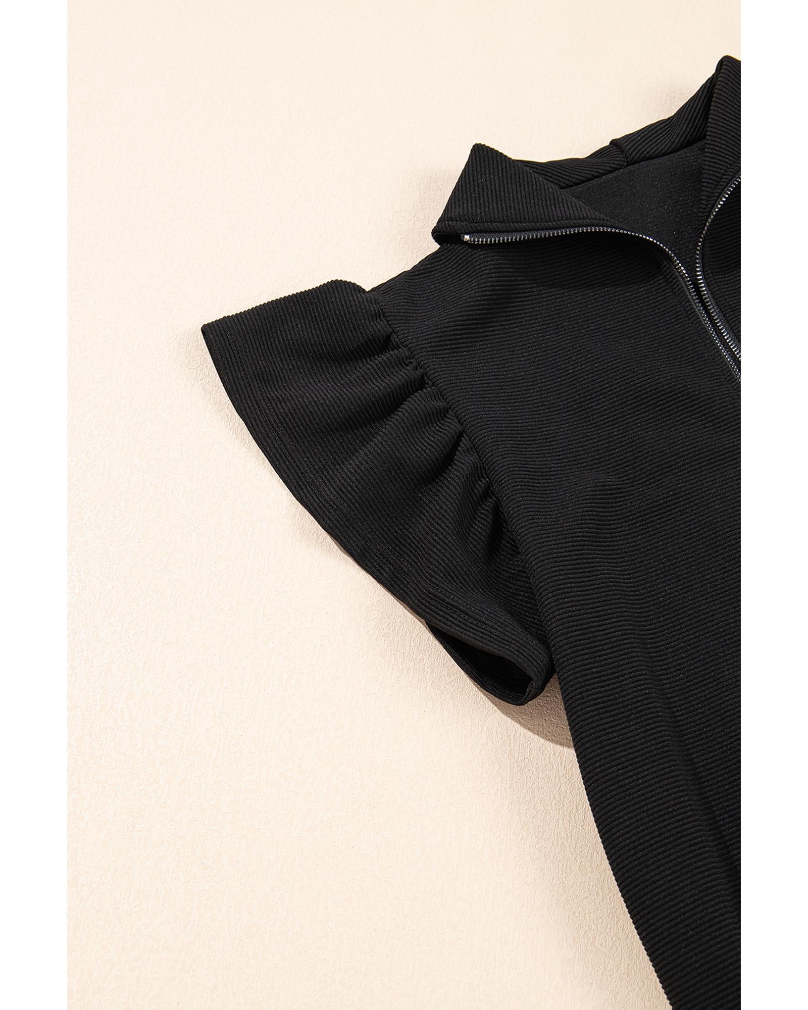 Black Textured Ruffled Sleeve Zipped Top and Wide Leg Pants Set - M 7