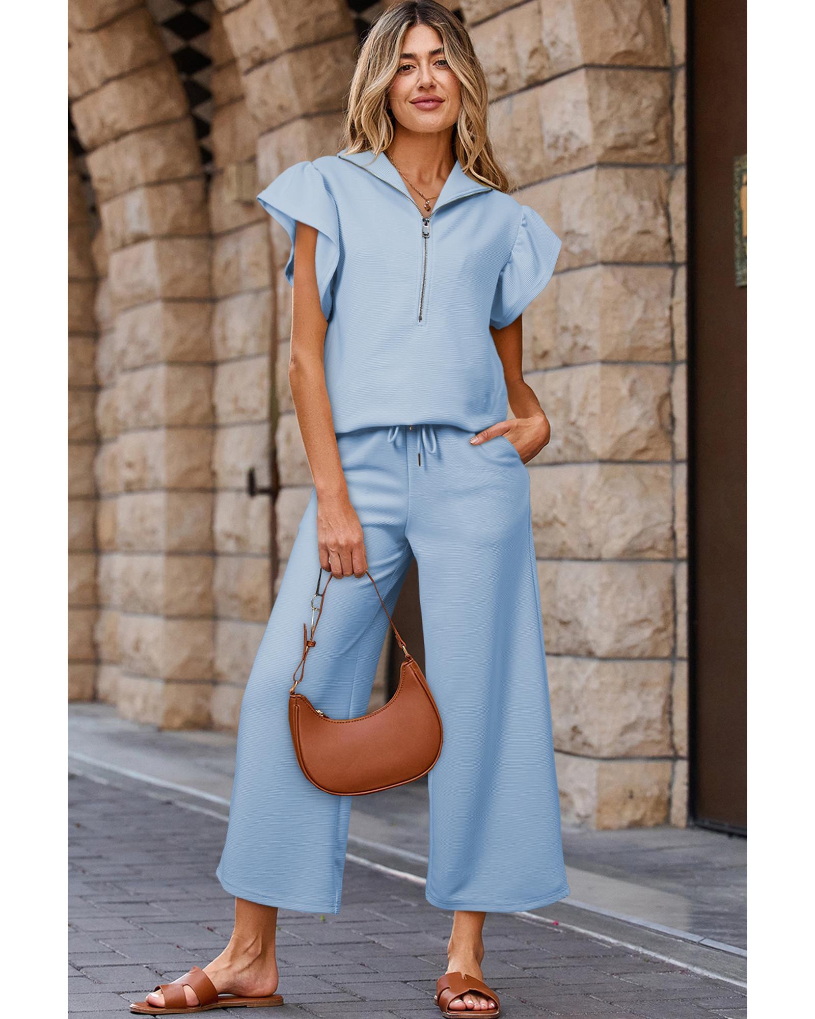 Beau Blue Textured Ruffled Sleeve Zipped Top and Wide Leg Pants Set - L