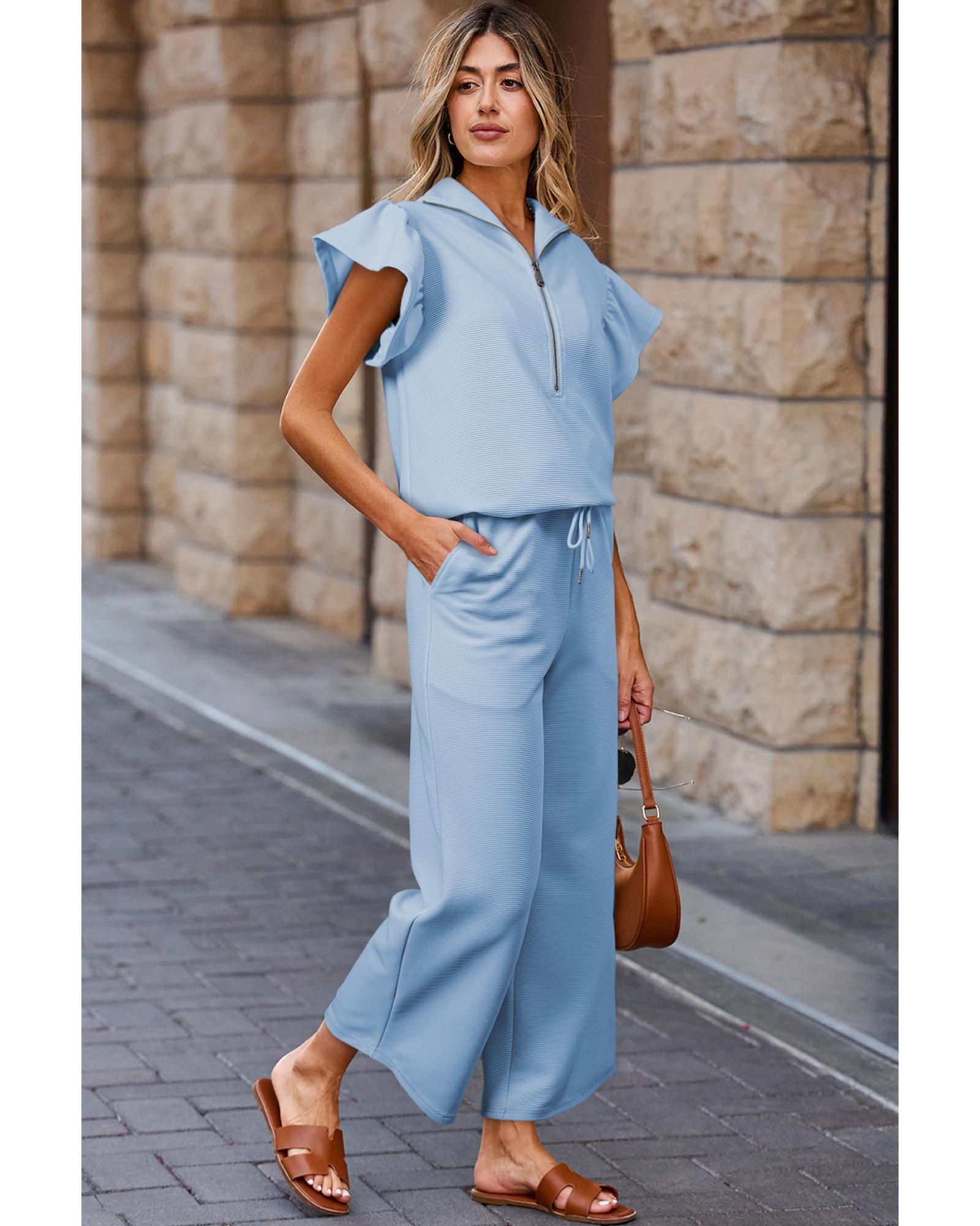 Beau Blue Textured Ruffled Sleeve Zipped Top and Wide Leg Pants Set - L