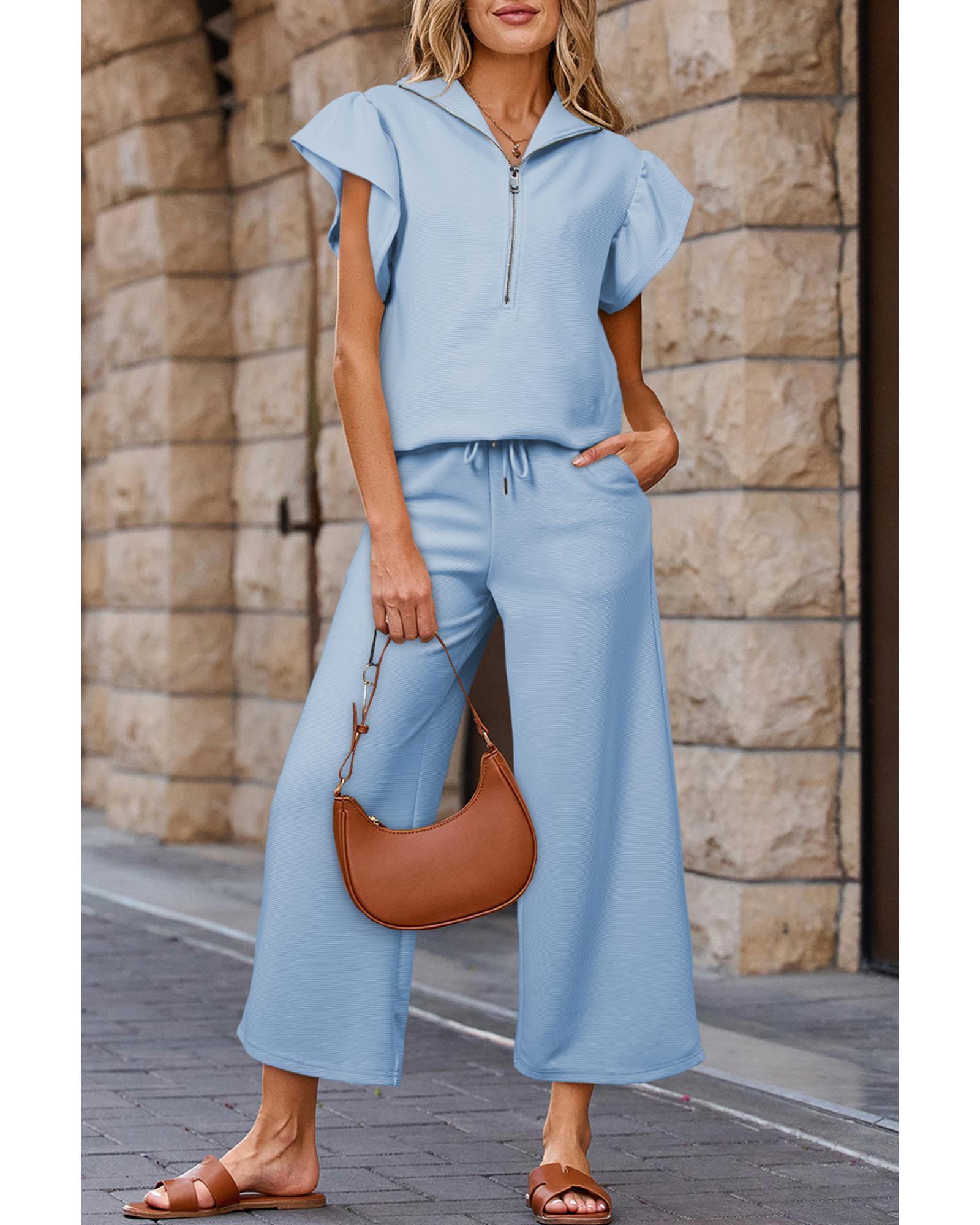 Beau Blue Textured Ruffled Sleeve Zipped Top and Wide Leg Pants Set - L 3