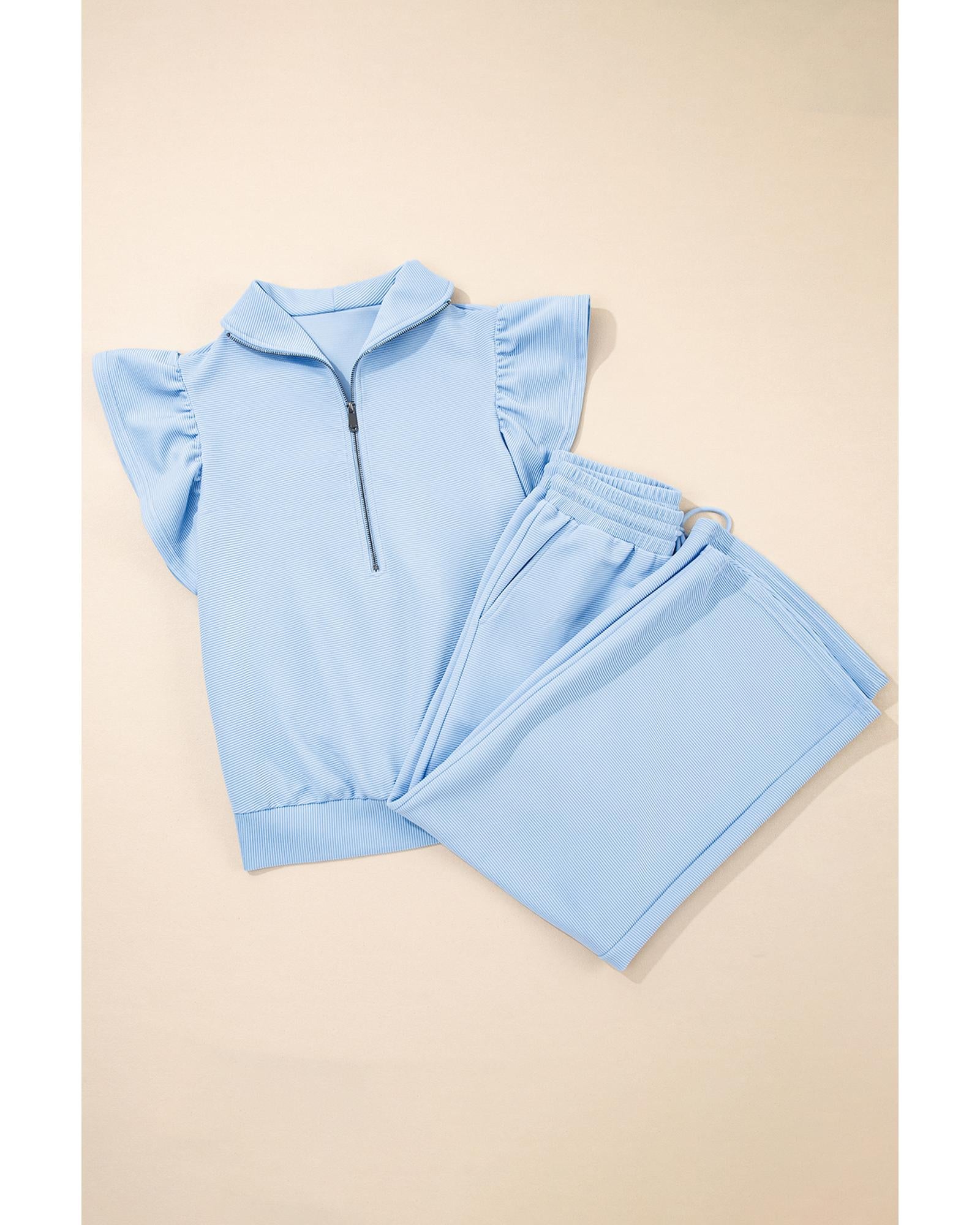 Beau Blue Textured Ruffled Sleeve Zipped Top and Wide Leg Pants Set - L 4