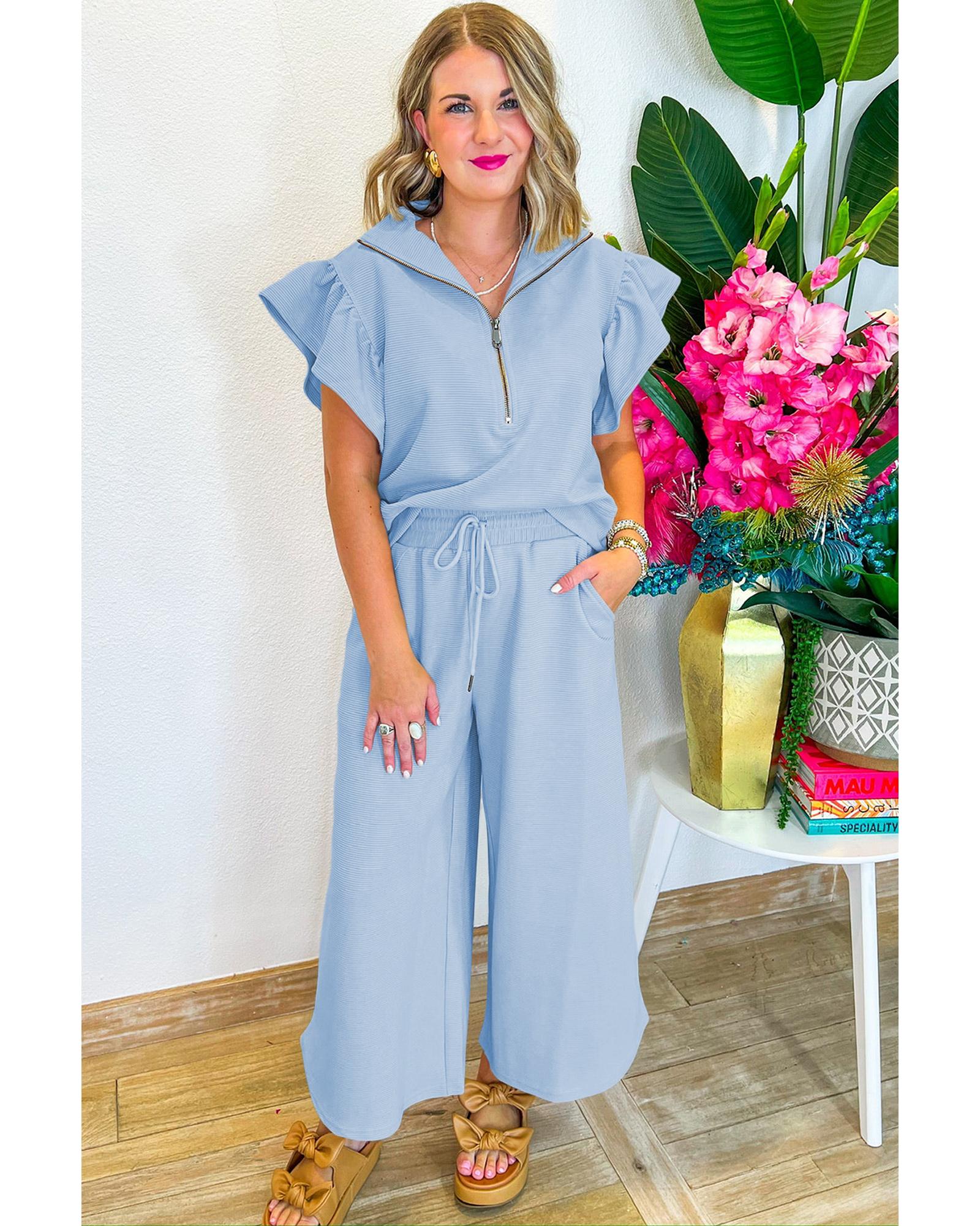 Beau Blue Textured Ruffled Sleeve Zipped Top and Wide Leg Pants Set - M 4
