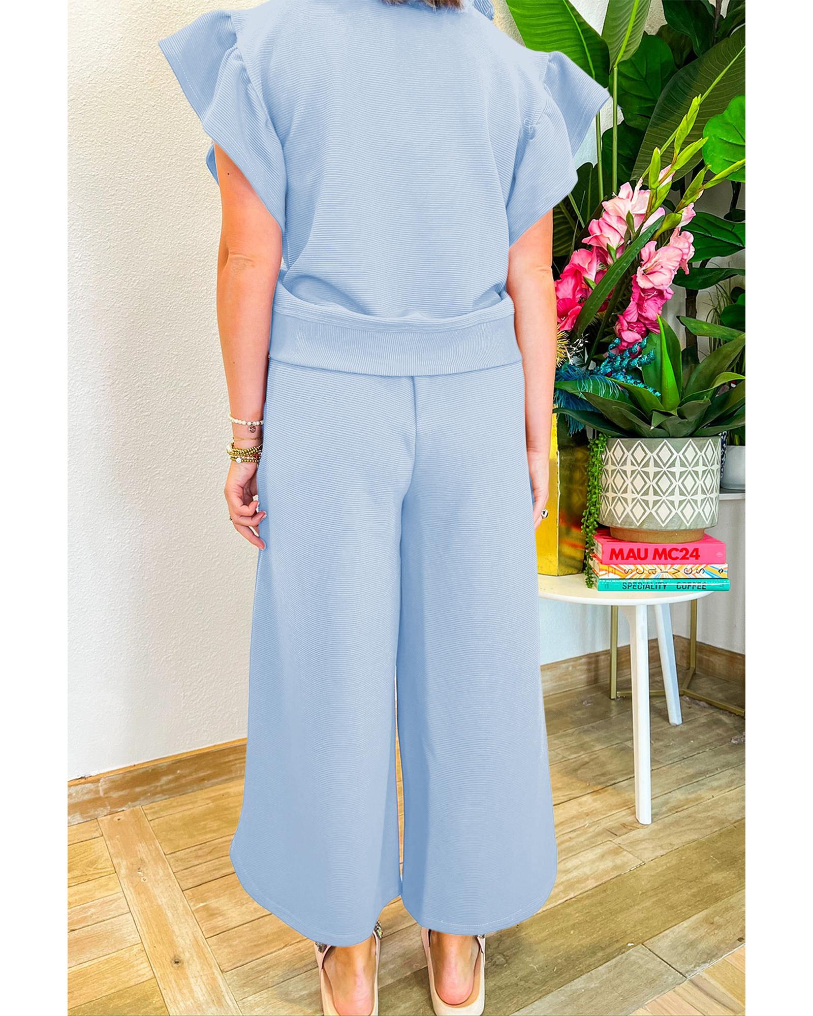 Beau Blue Textured Ruffled Sleeve Zipped Top and Wide Leg Pants Set - XL