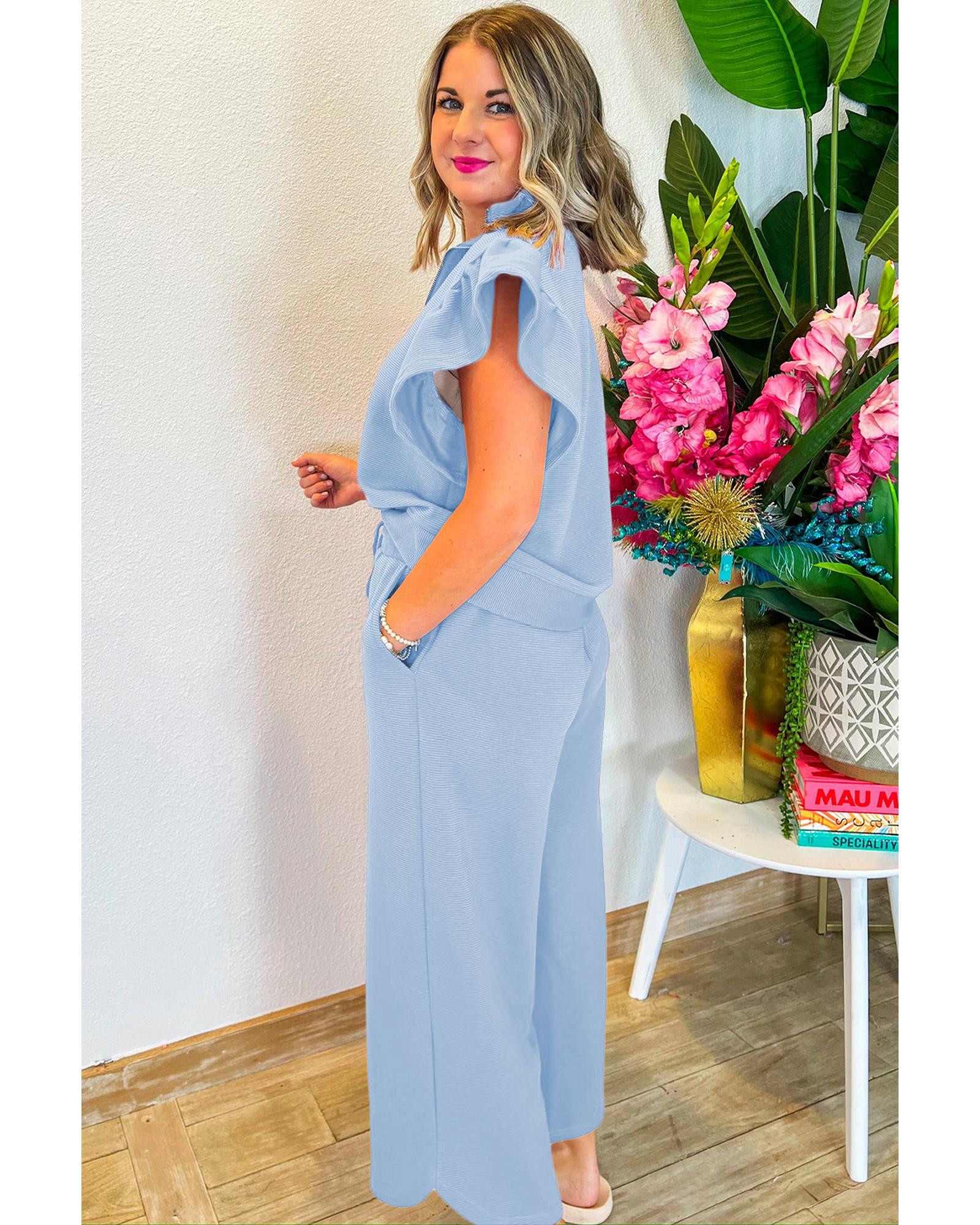 Beau Blue Textured Ruffled Sleeve Zipped Top and Wide Leg Pants Set - XL 3