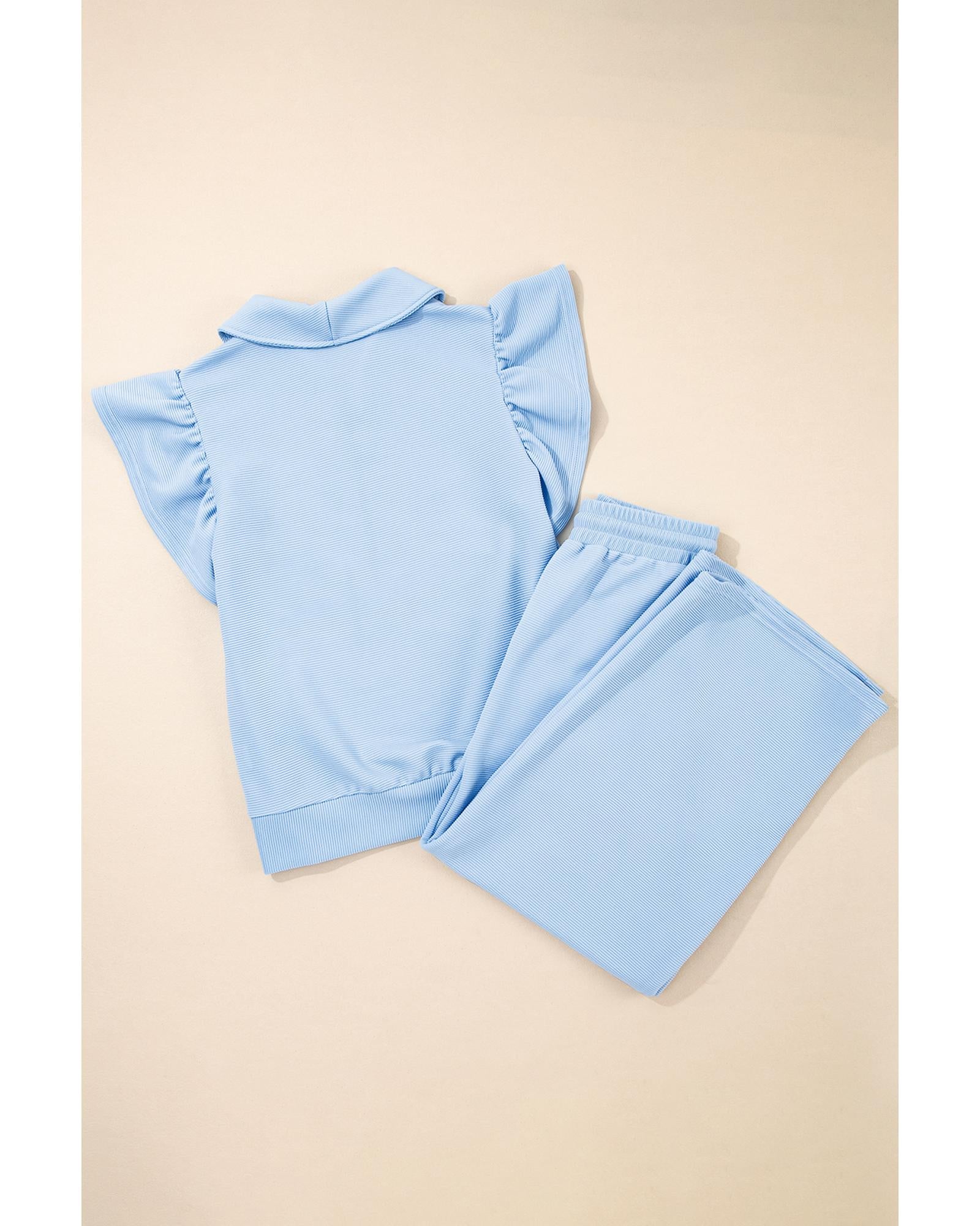 Beau Blue Textured Ruffled Sleeve Zipped Top and Wide Leg Pants Set - XL 5