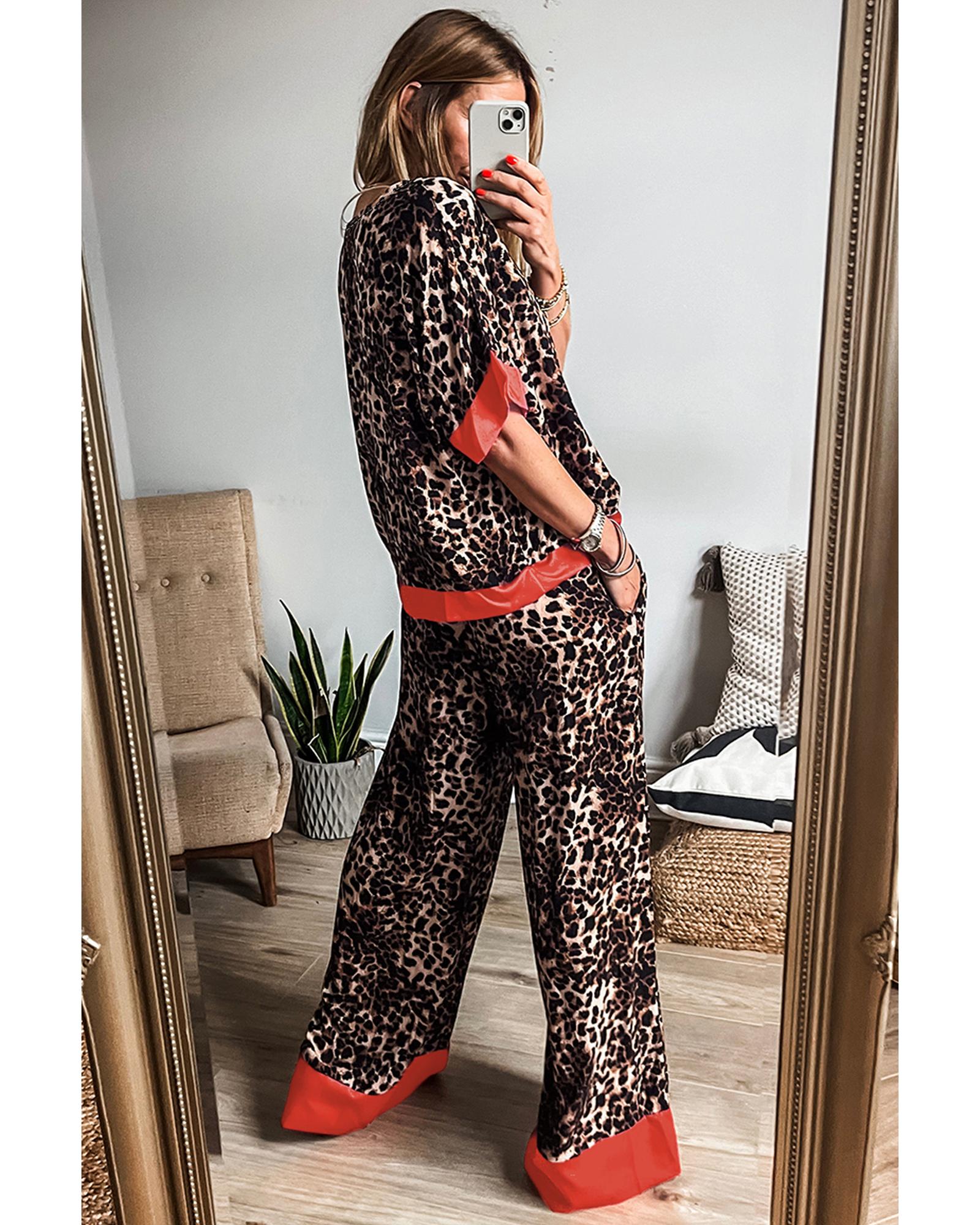 Brown Animal Print Color Contrast Edge Loose Fit Pants Set - XL