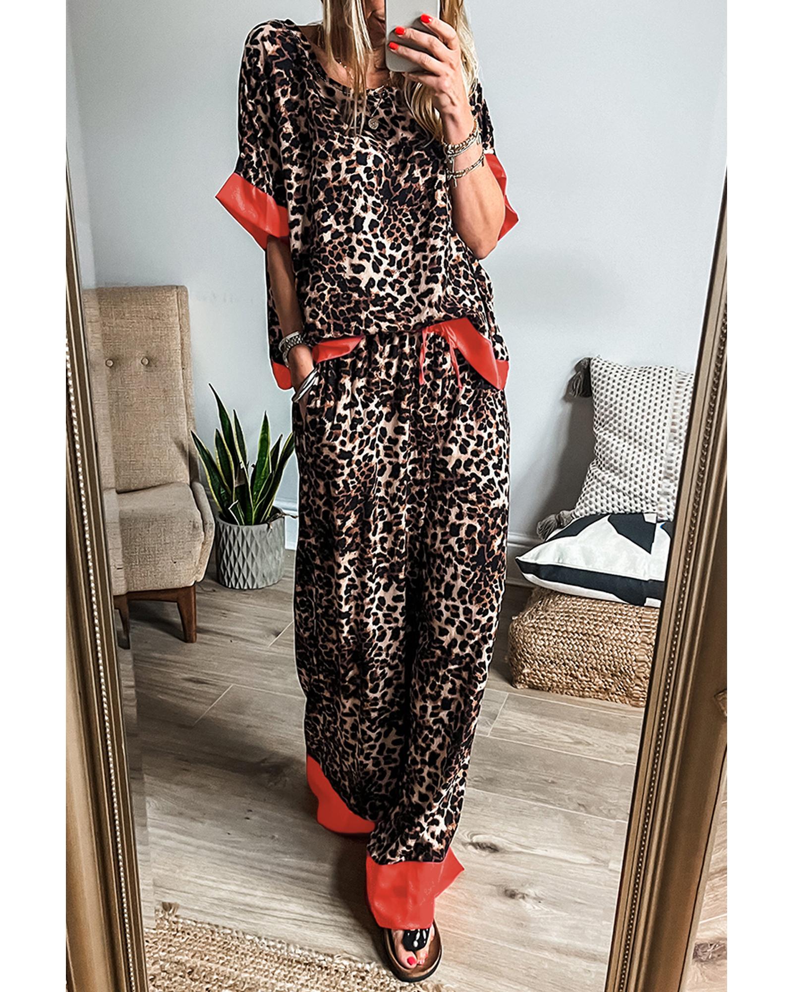 Brown Animal Print Color Contrast Edge Loose Fit Pants Set - XL 3