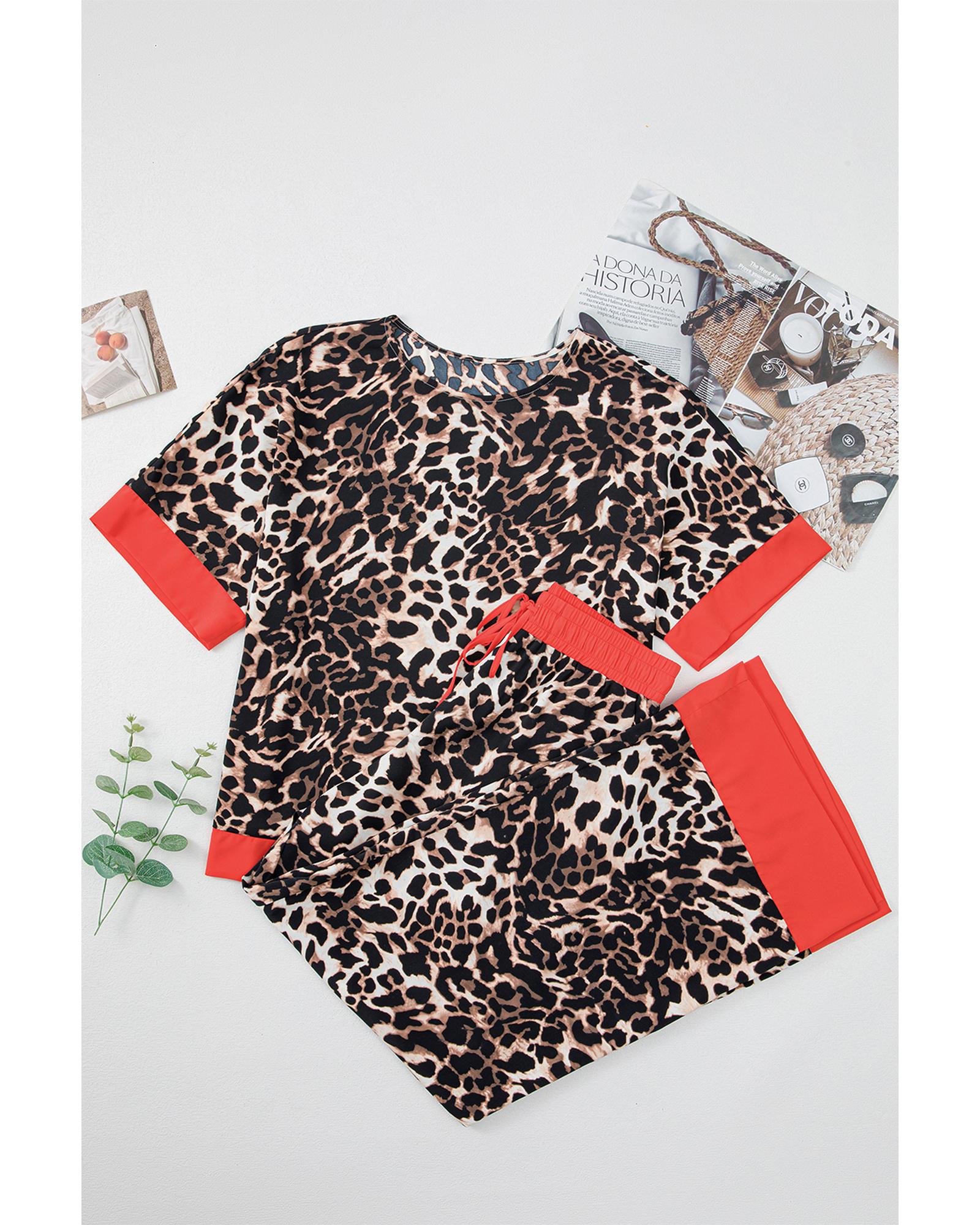 Brown Animal Print Color Contrast Edge Loose Fit Pants Set - XL 4