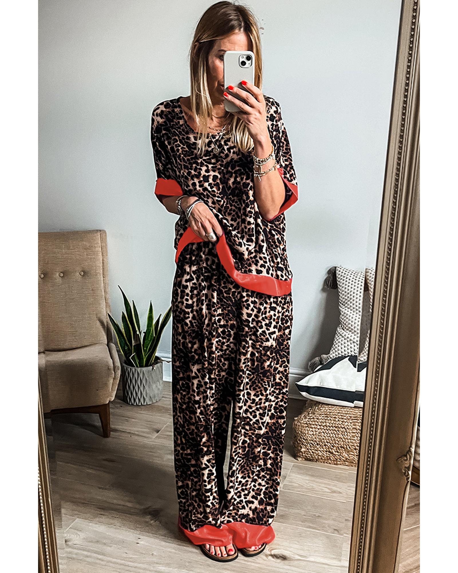Brown Animal Print Color Contrast Edge Loose Fit Pants Set - XL 5