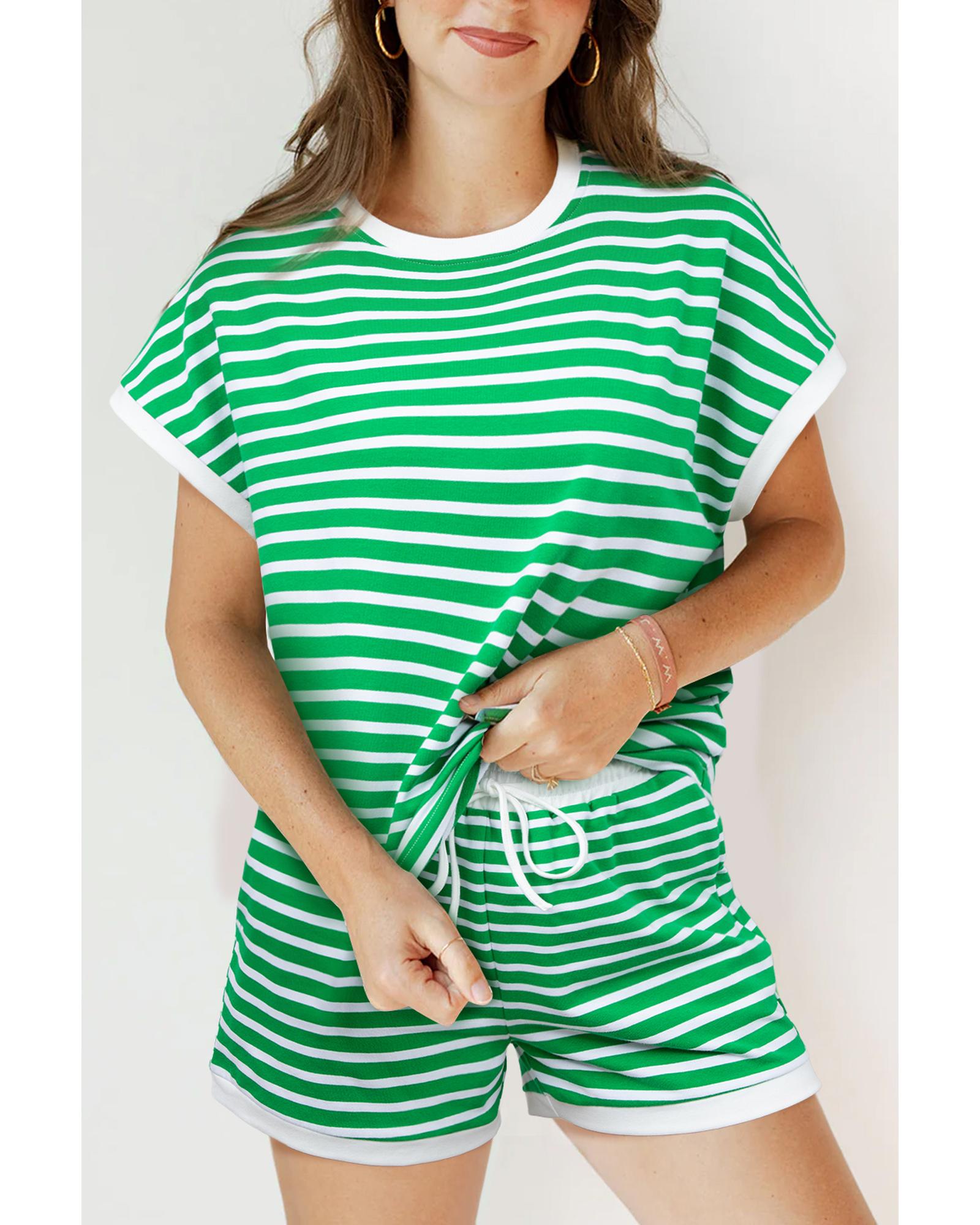 Dark Green Striped Cap Sleeve Tee and Shorts Set - M 6