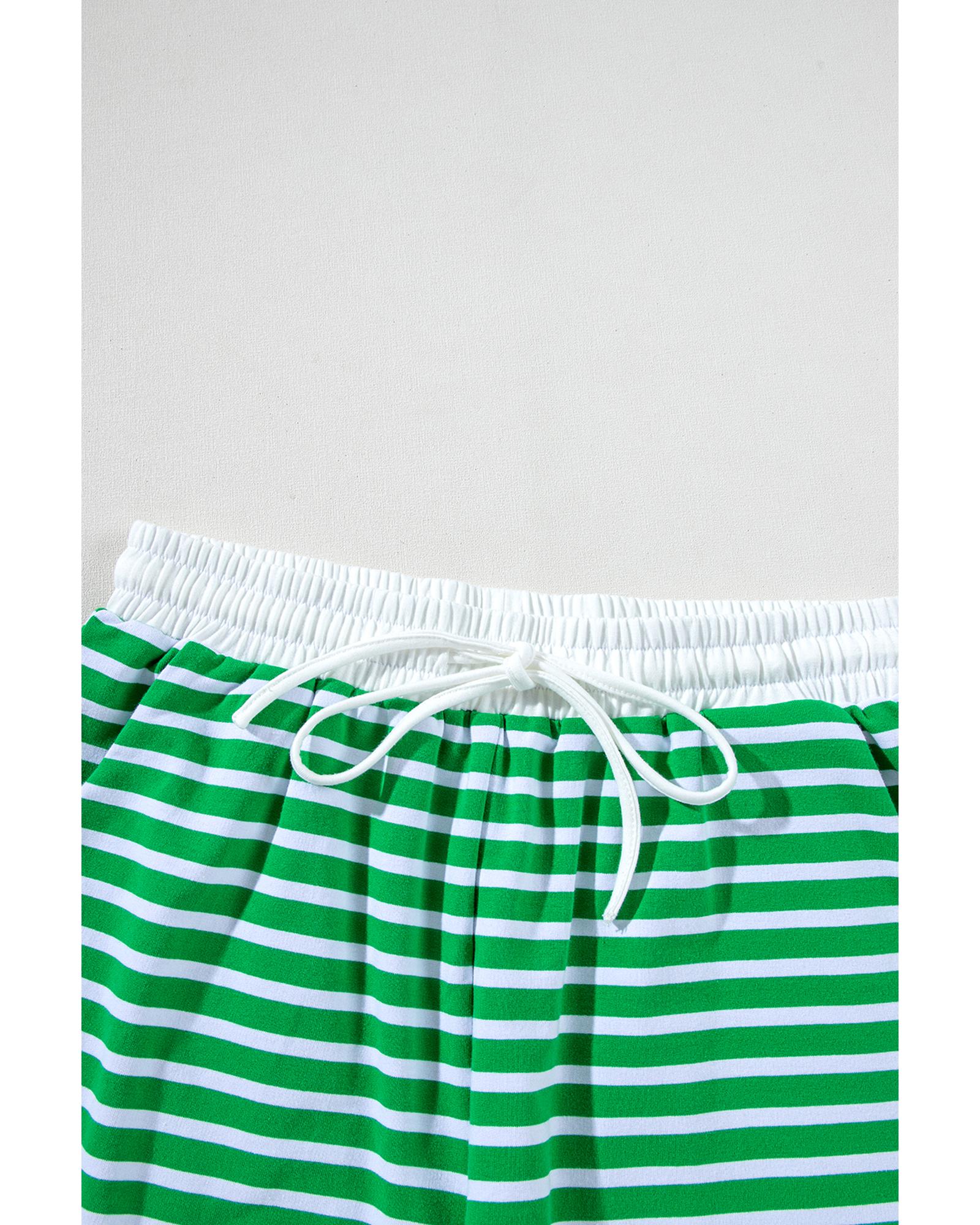 Dark Green Striped Cap Sleeve Tee and Shorts Set - M 7