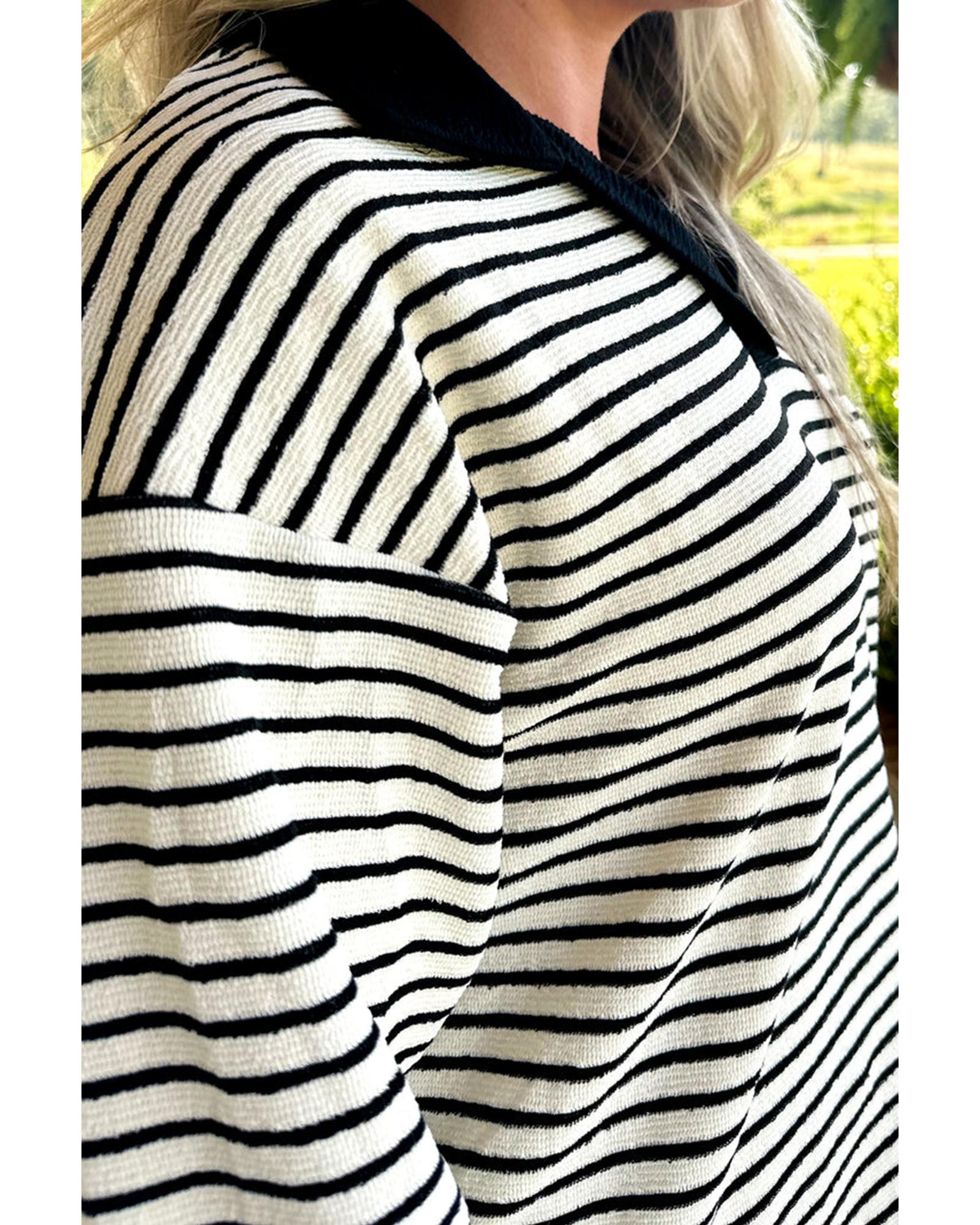 Black Stripe Collared Long Sleeve Top and Drawstring Shorts Set - XL