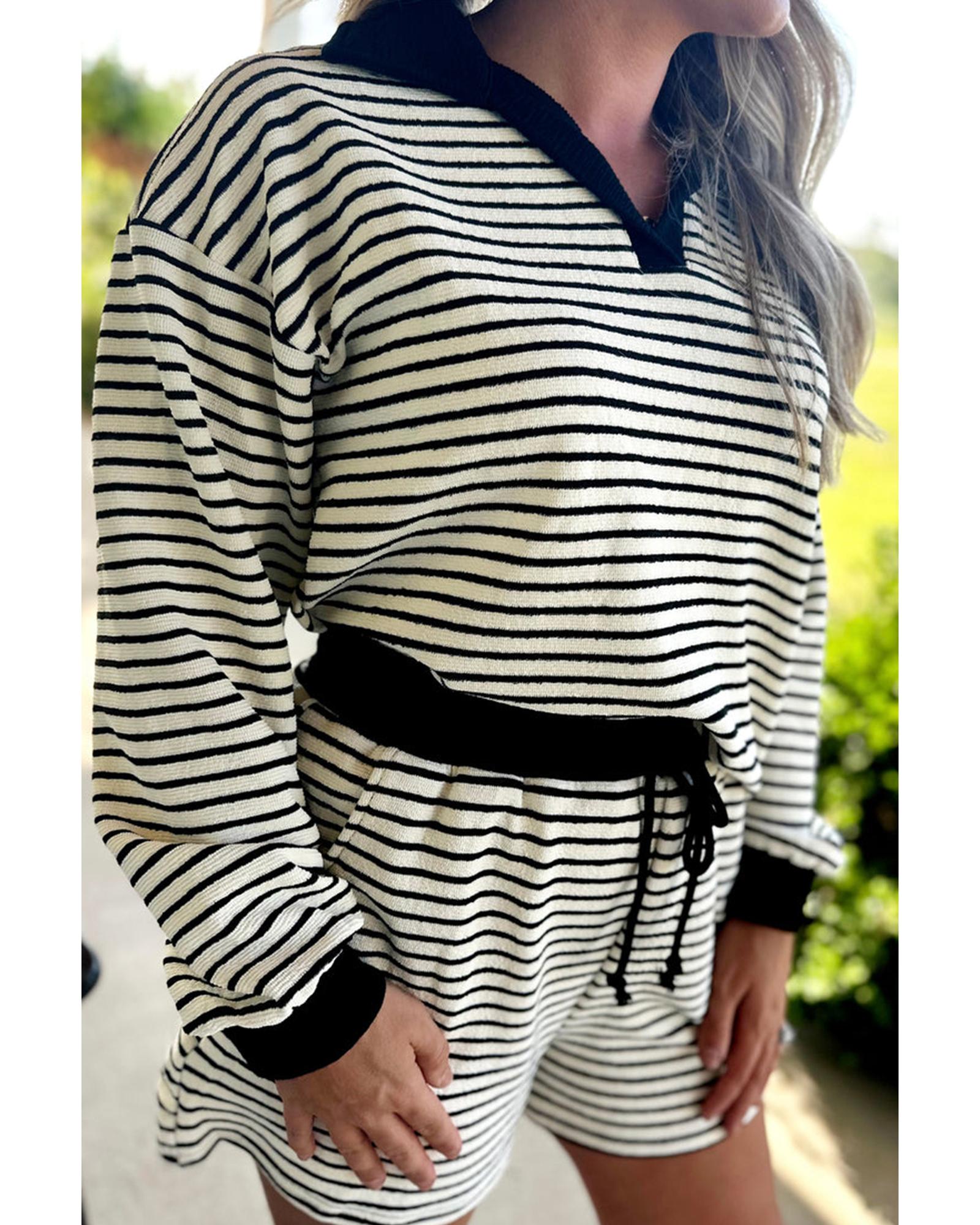 Black Stripe Collared Long Sleeve Top and Drawstring Shorts Set - XL 4