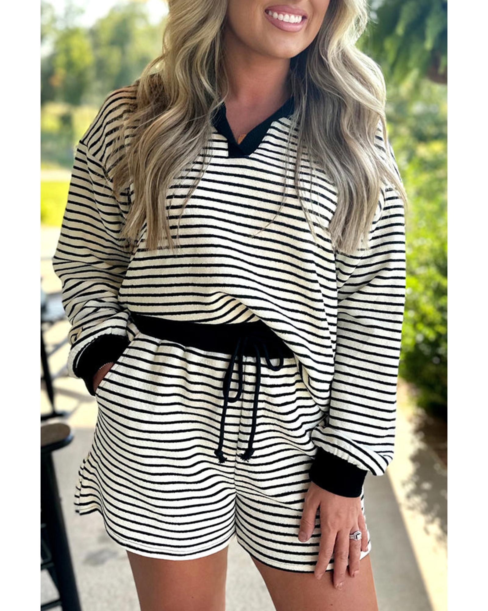 Black Stripe Collared Long Sleeve Top and Drawstring Shorts Set - XL 5