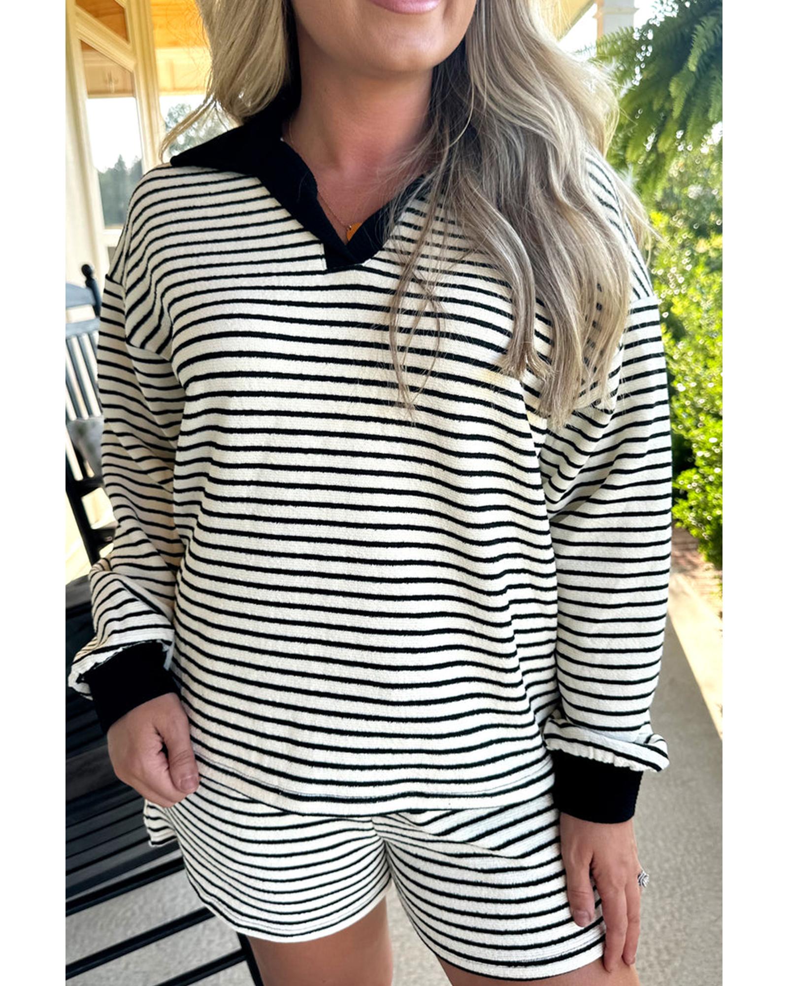 Black Stripe Collared Long Sleeve Top and Drawstring Shorts Set - XL 7