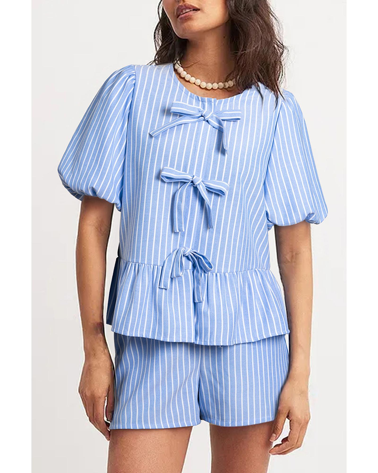 Sky Blue Striped Bowknot Detail Puffy Sleeve Top and Shorts 2Pcs Set - L