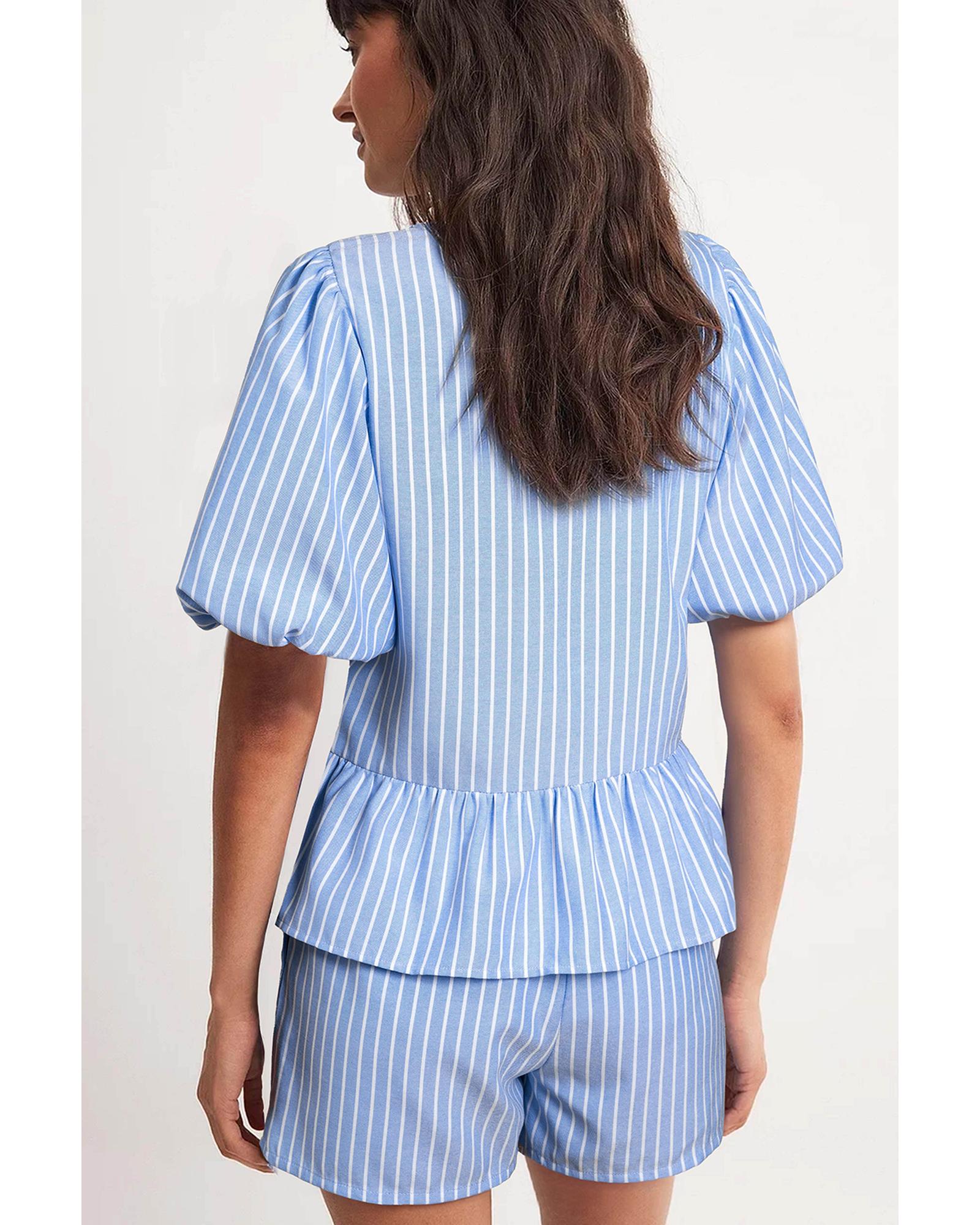Sky Blue Striped Bowknot Detail Puffy Sleeve Top and Shorts 2Pcs Set - L