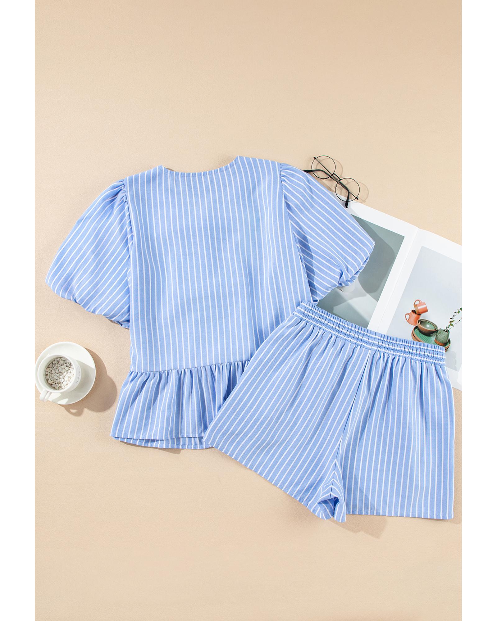 Sky Blue Striped Bowknot Detail Puffy Sleeve Top and Shorts 2Pcs Set - L 5