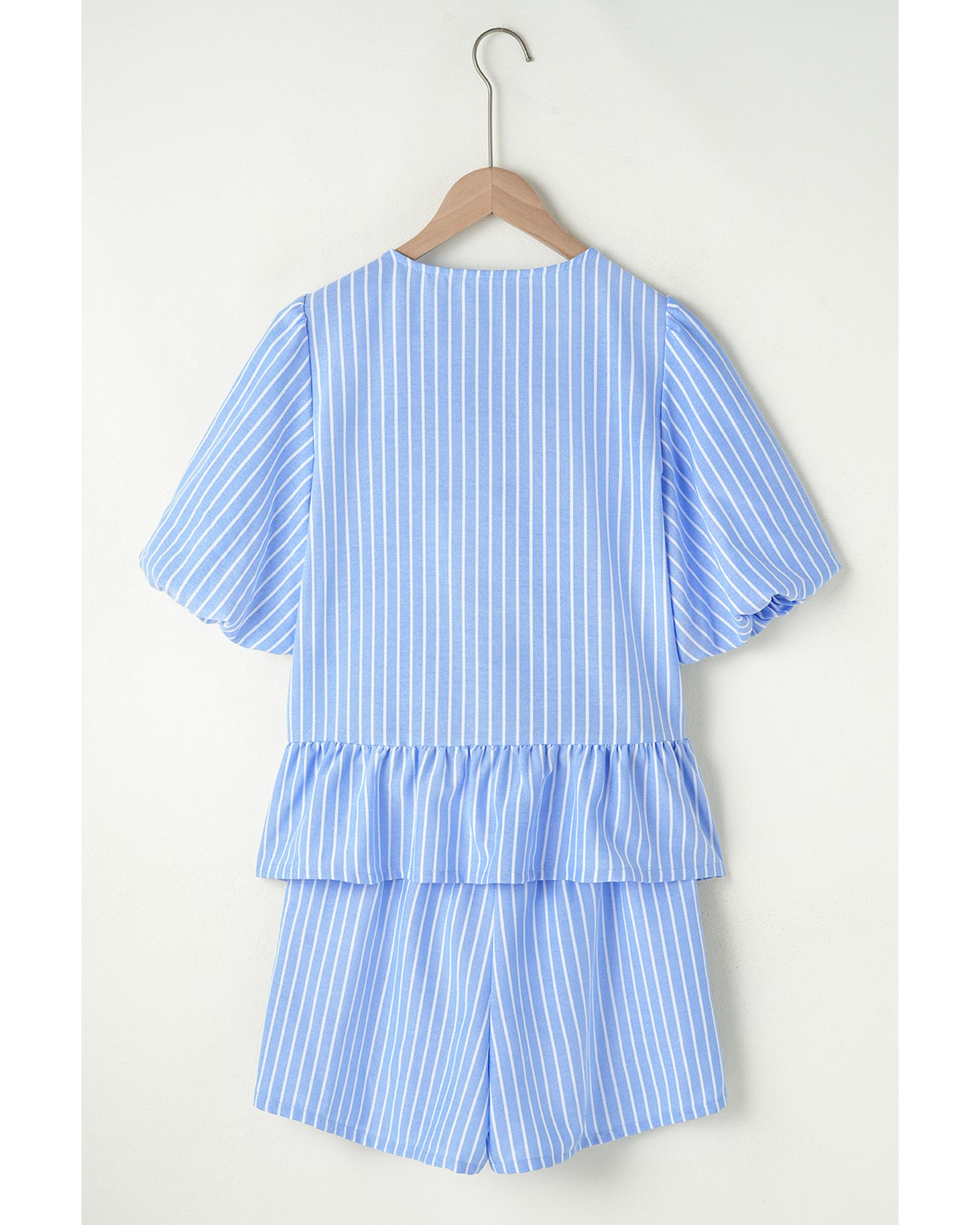 Sky Blue Striped Bowknot Detail Puffy Sleeve Top and Shorts 2Pcs Set - L 7