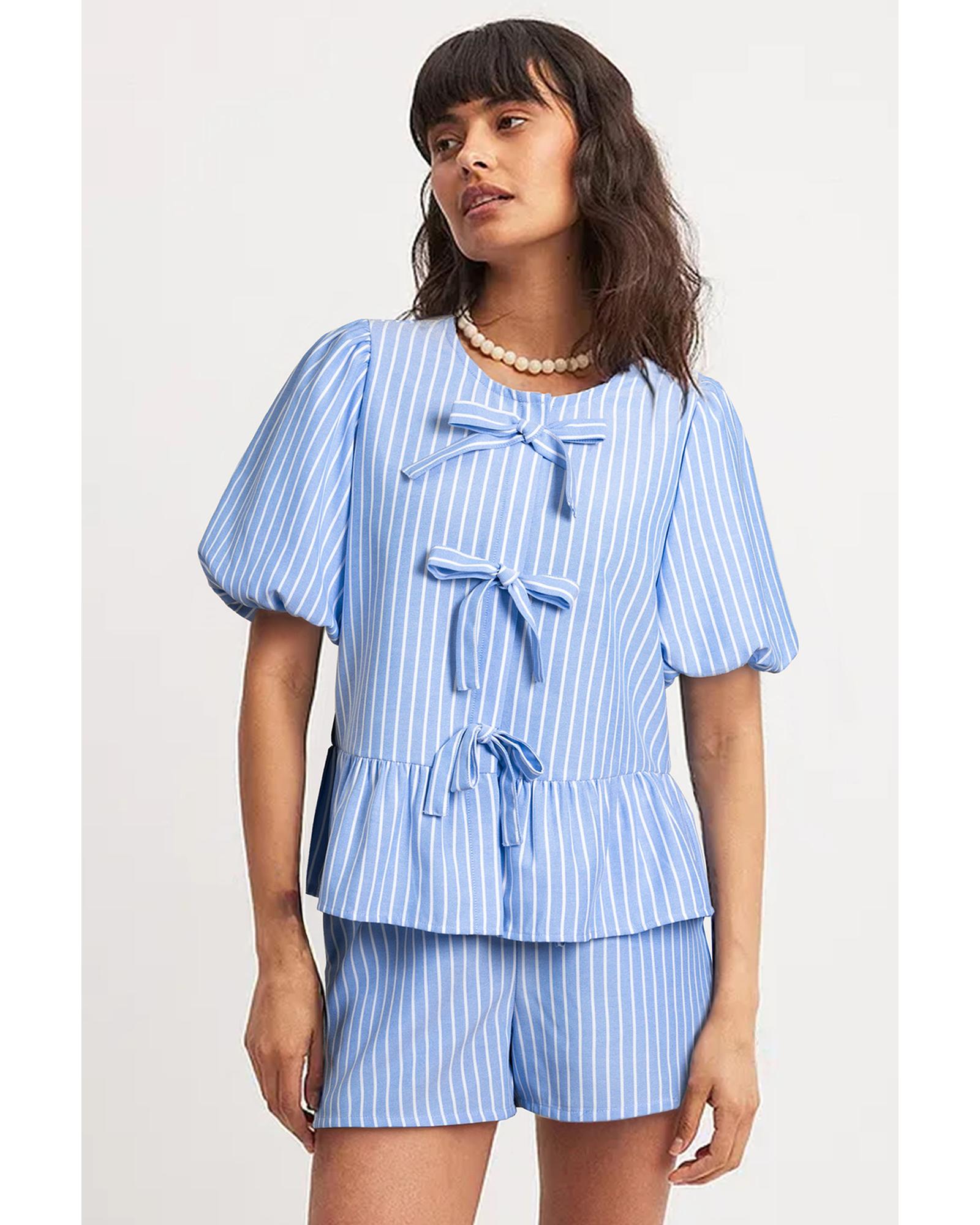 Sky Blue Striped Bowknot Detail Puffy Sleeve Top and Shorts 2Pcs Set - M 3