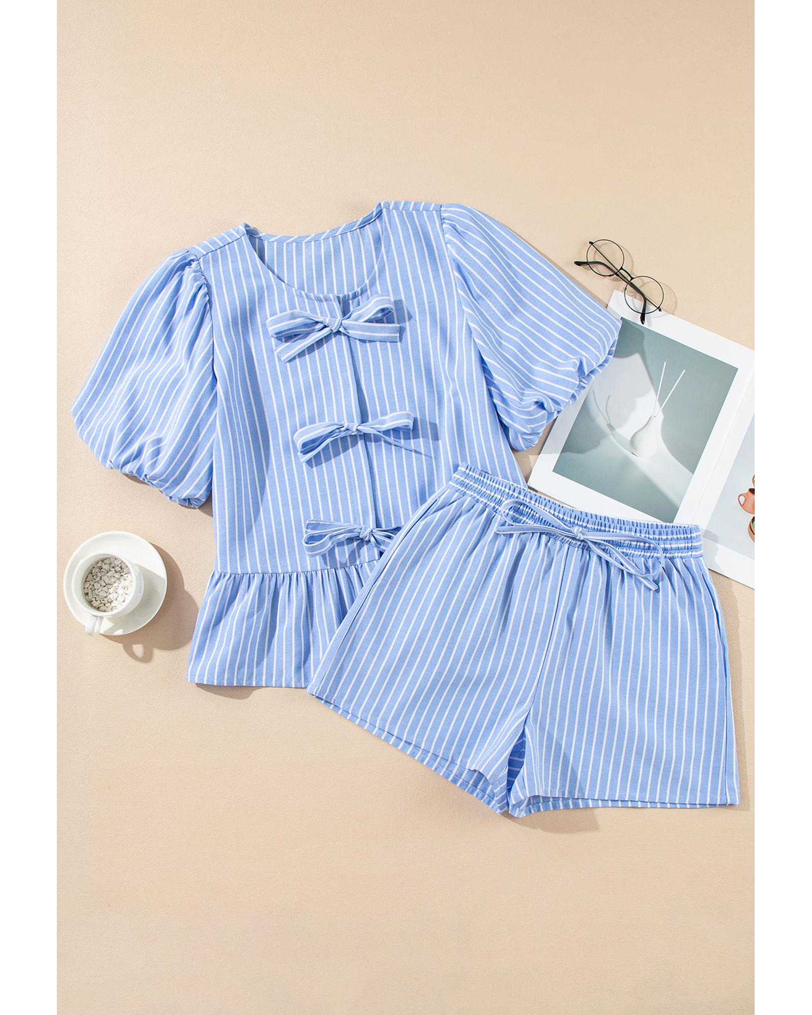 Sky Blue Striped Bowknot Detail Puffy Sleeve Top and Shorts 2Pcs Set - M 4