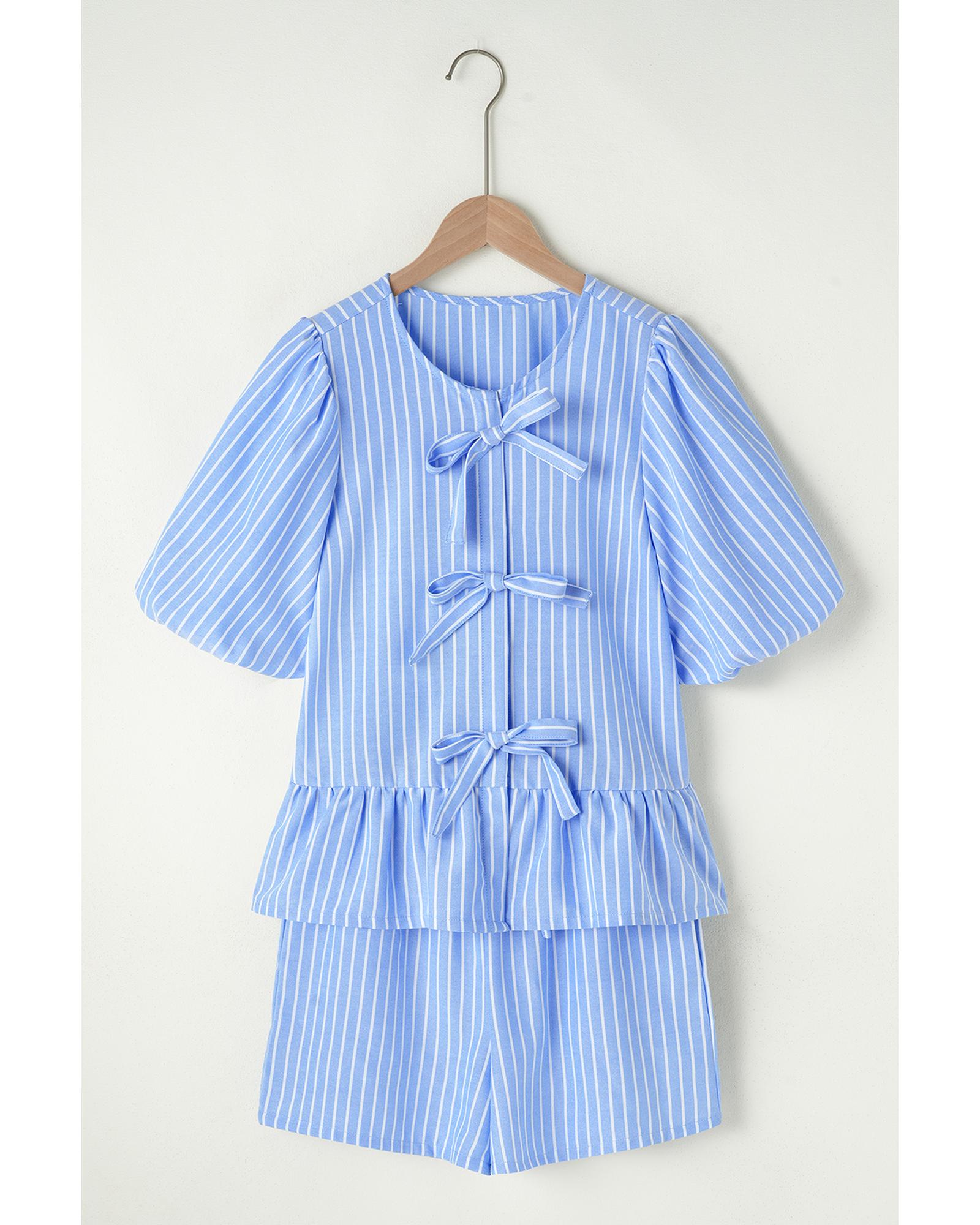 Sky Blue Striped Bowknot Detail Puffy Sleeve Top and Shorts 2Pcs Set - M 6