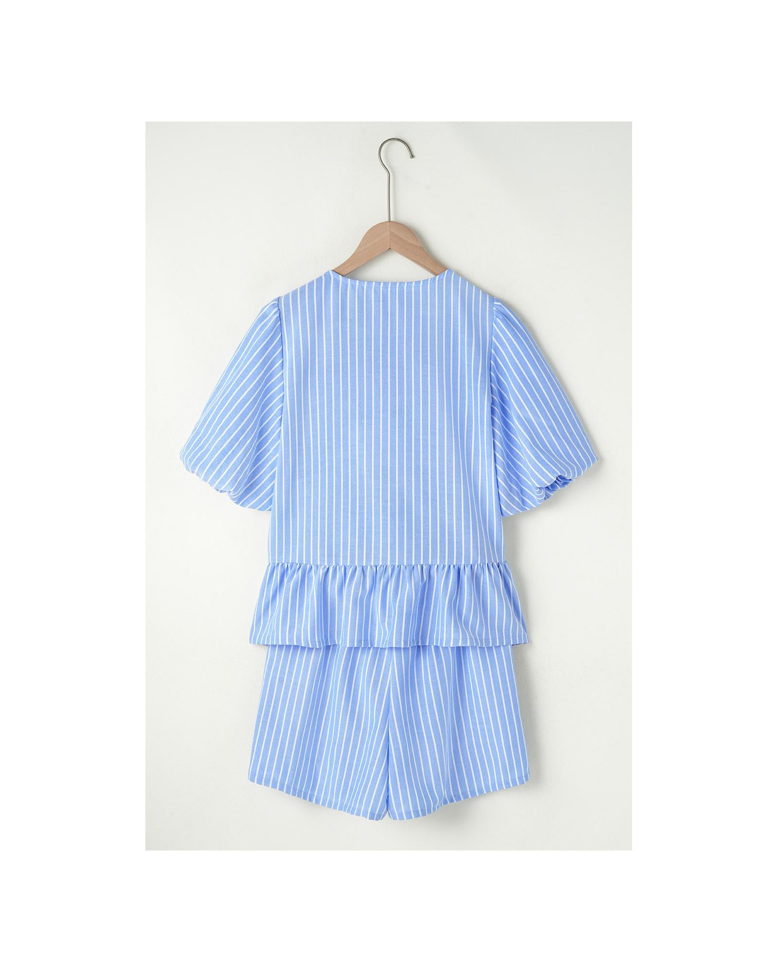 Sky Blue Striped Bowknot Detail Puffy Sleeve Top and Shorts 2Pcs Set - M 7