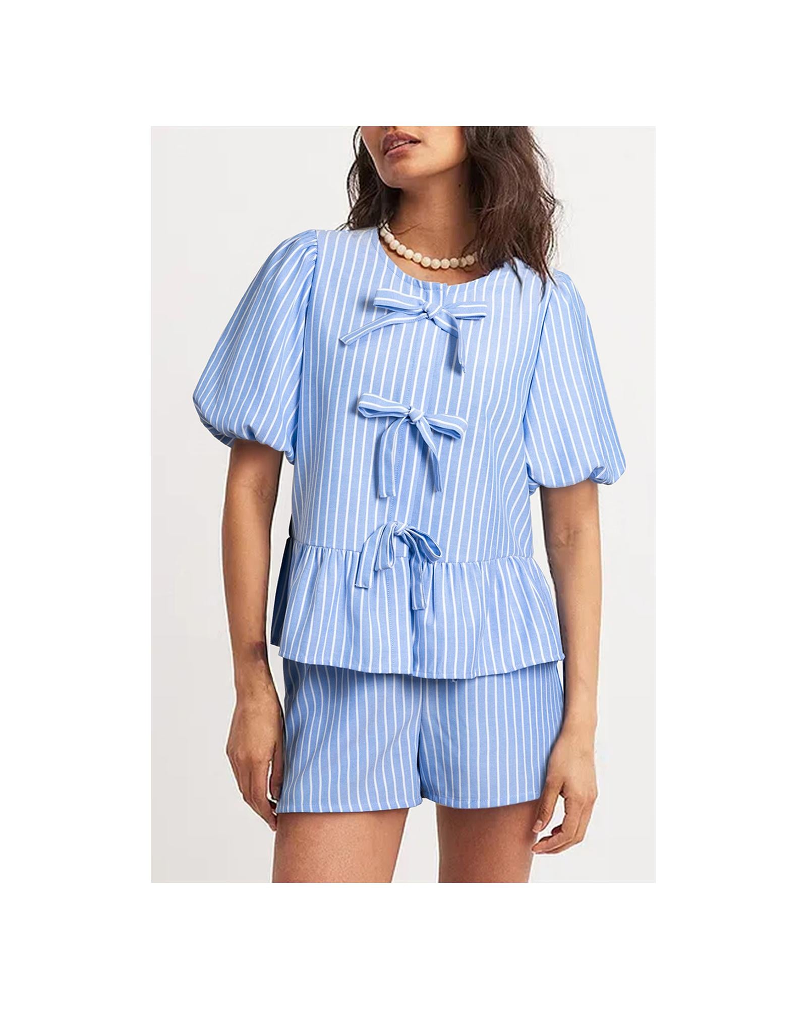 Sky Blue Striped Bowknot Detail Puffy Sleeve Top and Shorts 2Pcs Set - XL