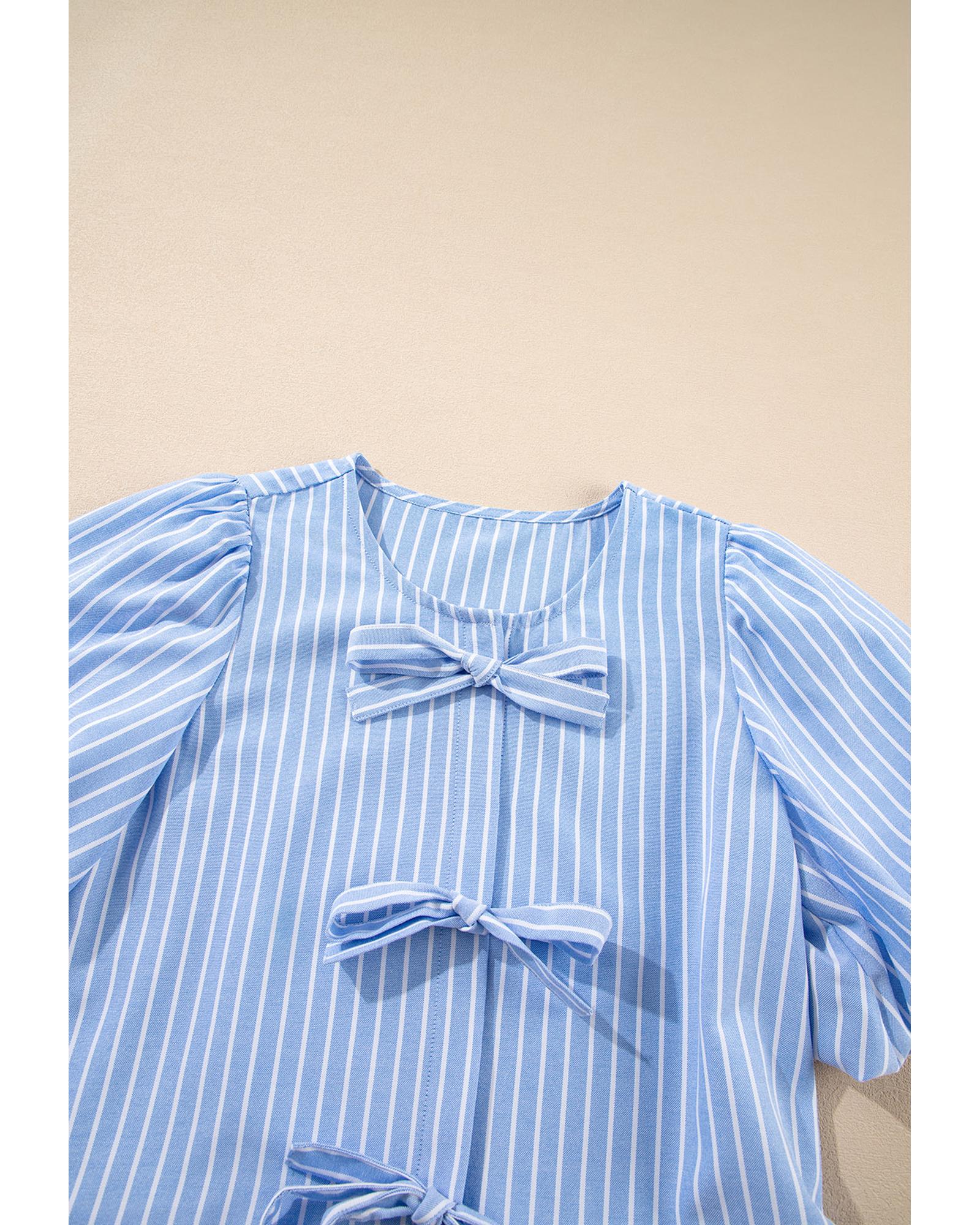 Sky Blue Striped Bowknot Detail Puffy Sleeve Top and Shorts 2Pcs Set - XL 7