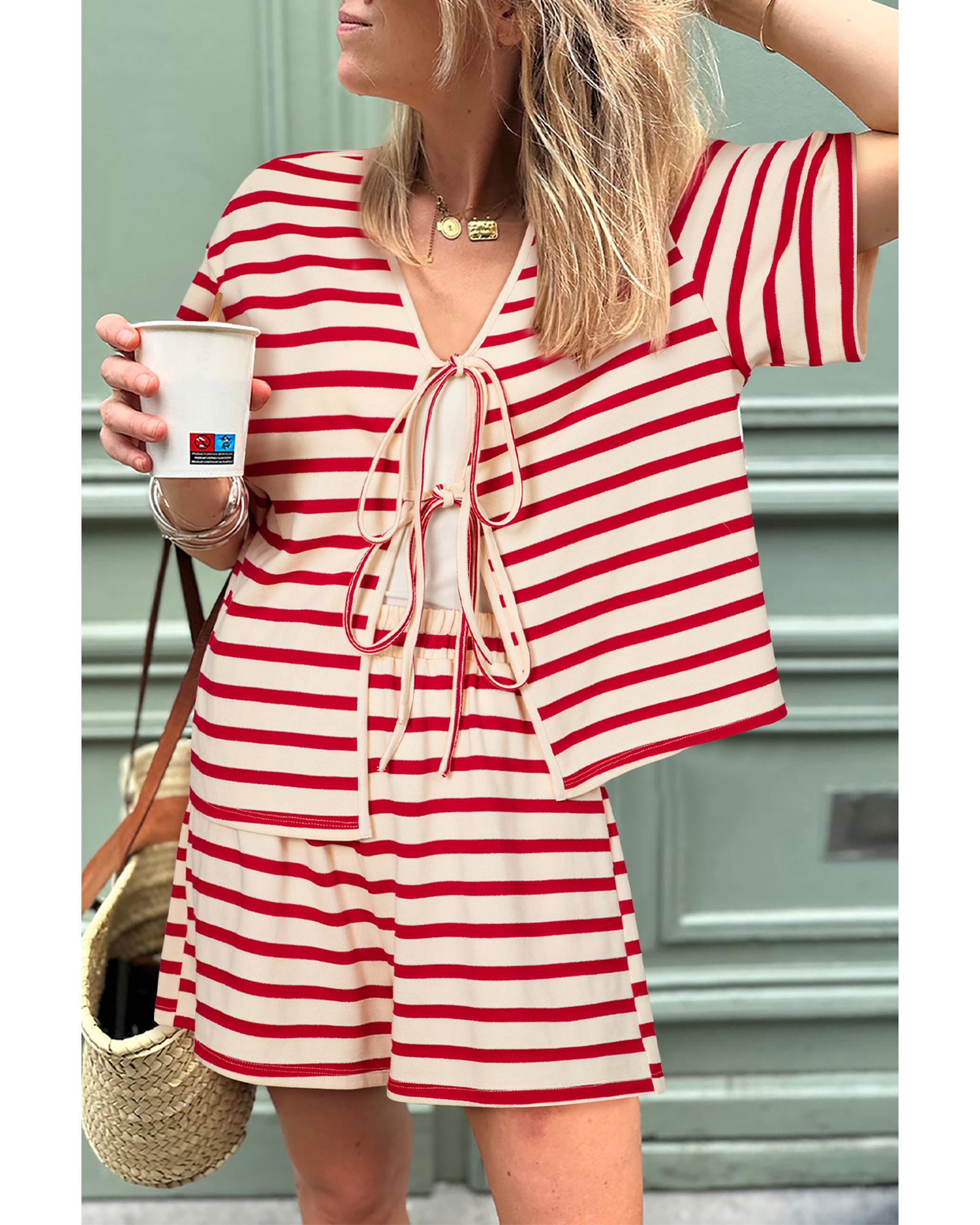 Red Stripe Lace-up Front Top and High Waist Shorts Set - XL