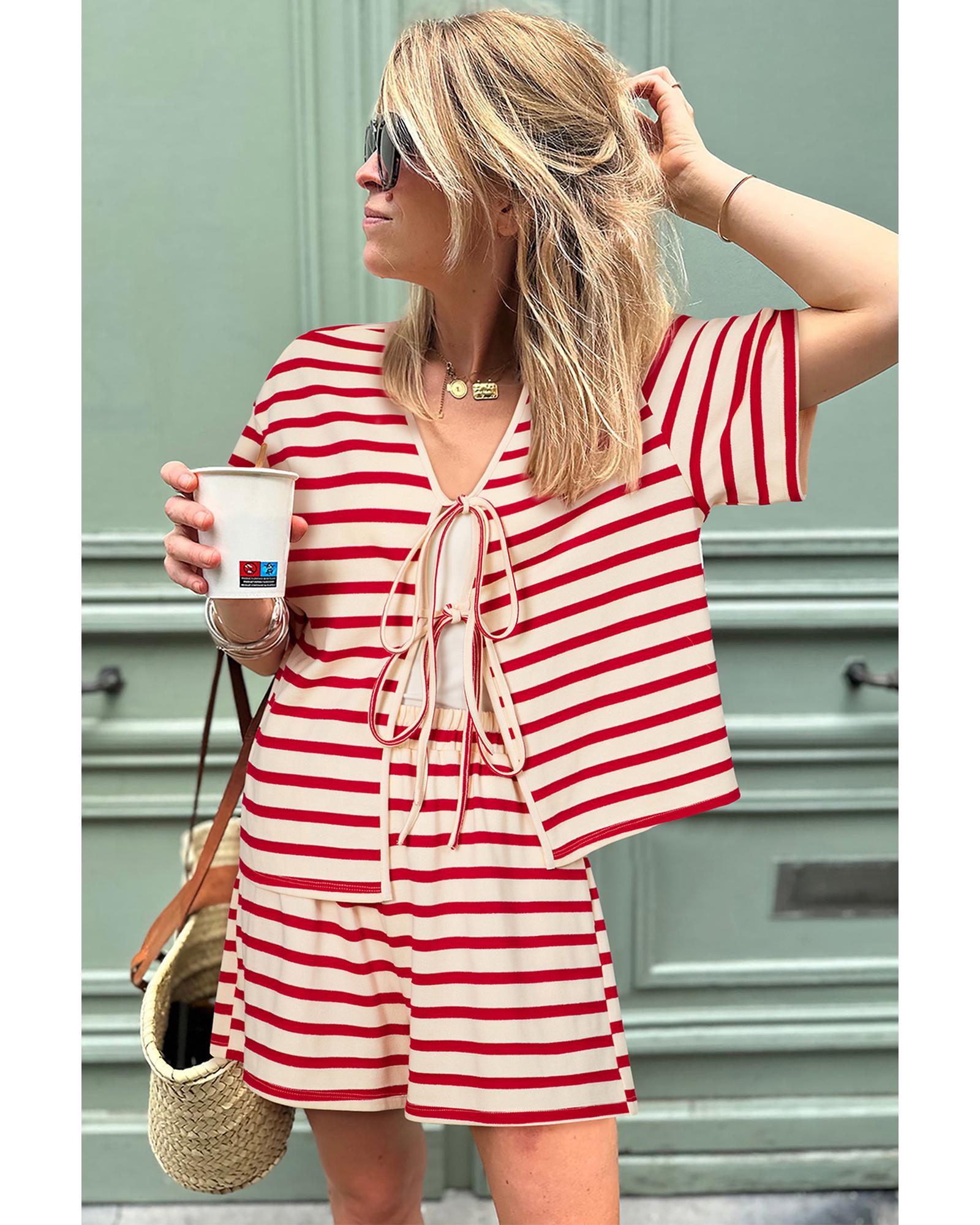 Red Stripe Lace-up Front Top and High Waist Shorts Set - XL 3
