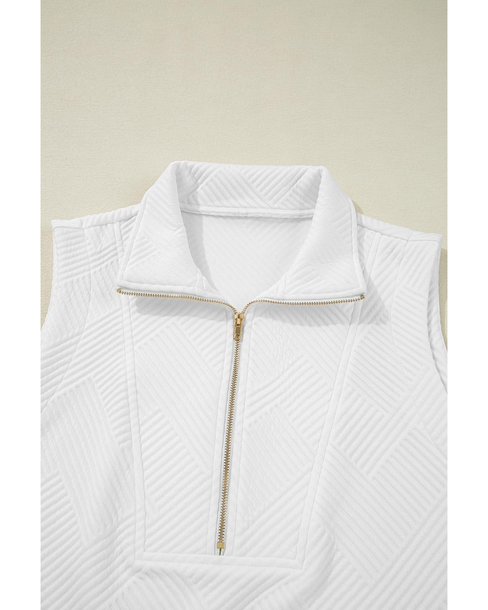 White Textured Half Zip Tank Top Drawstring Shorts Set - L