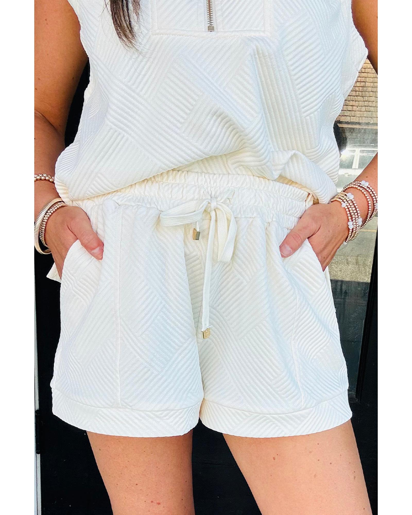 White Textured Half Zip Tank Top Drawstring Shorts Set - XL