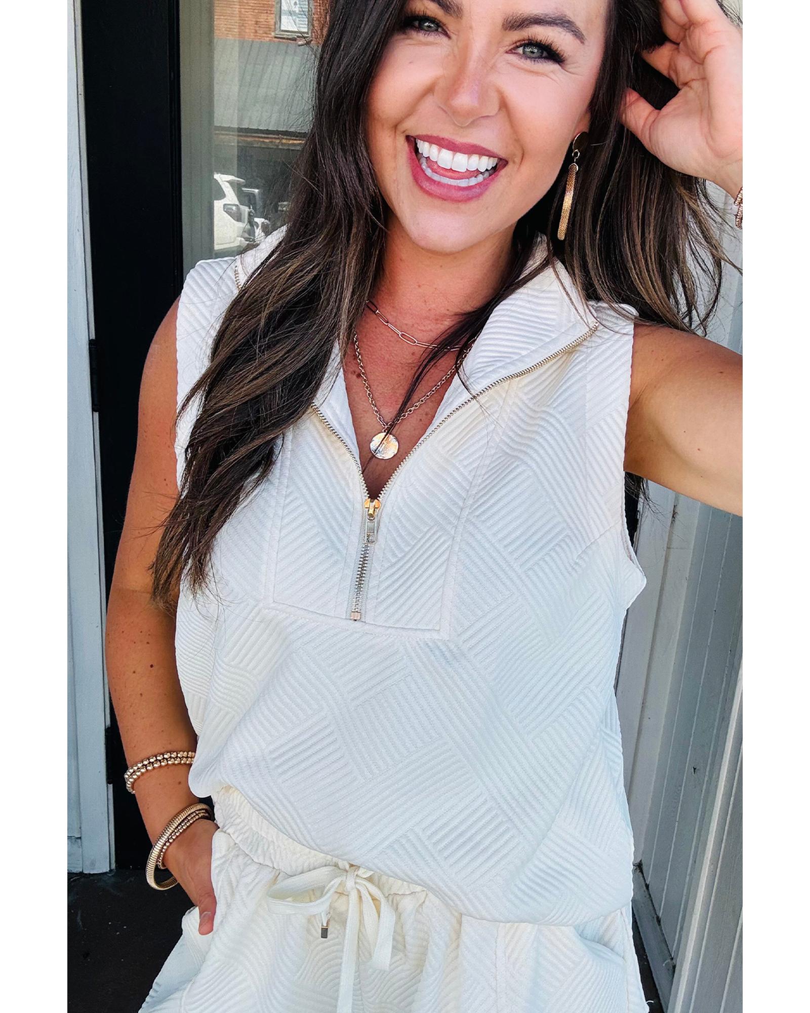 White Textured Half Zip Tank Top Drawstring Shorts Set - XL 6