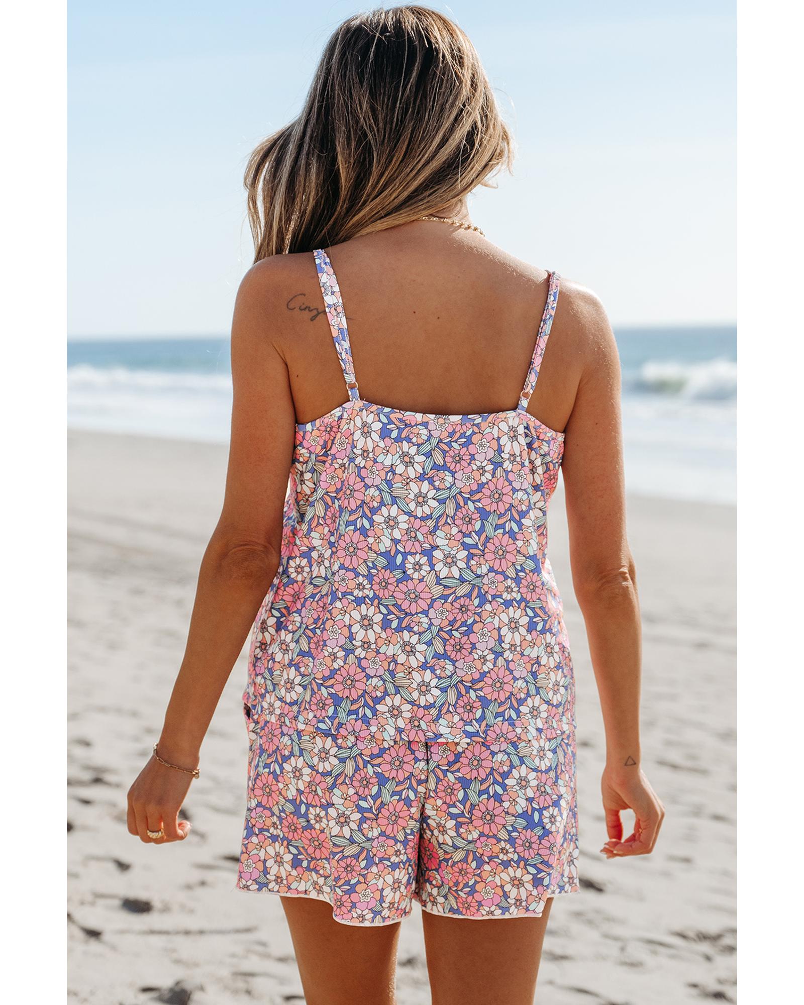 Sky Blue Floral Print Spaghetti Straps Tank Top and Shorts Set - XL