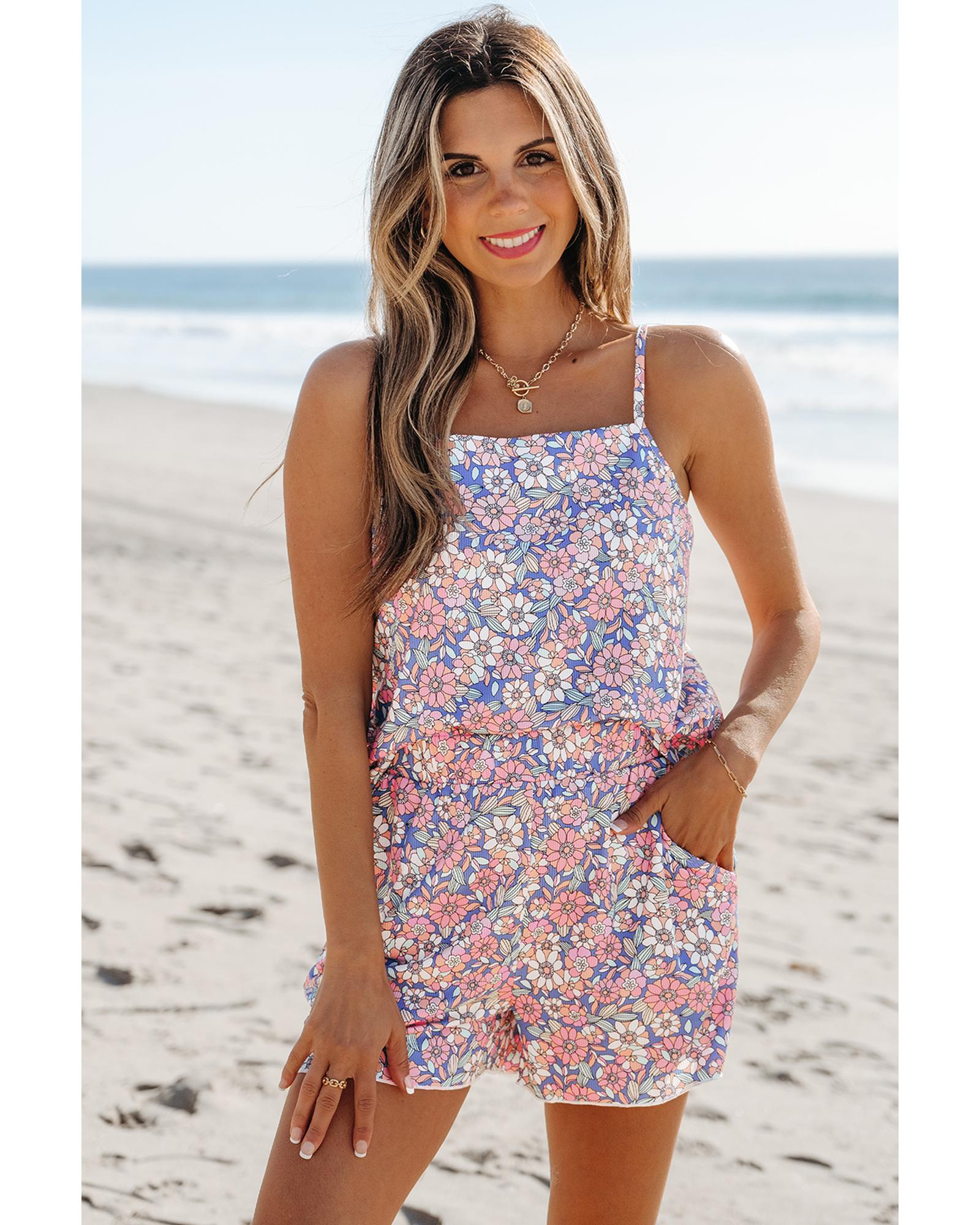 Sky Blue Floral Print Spaghetti Straps Tank Top and Shorts Set - XL 3