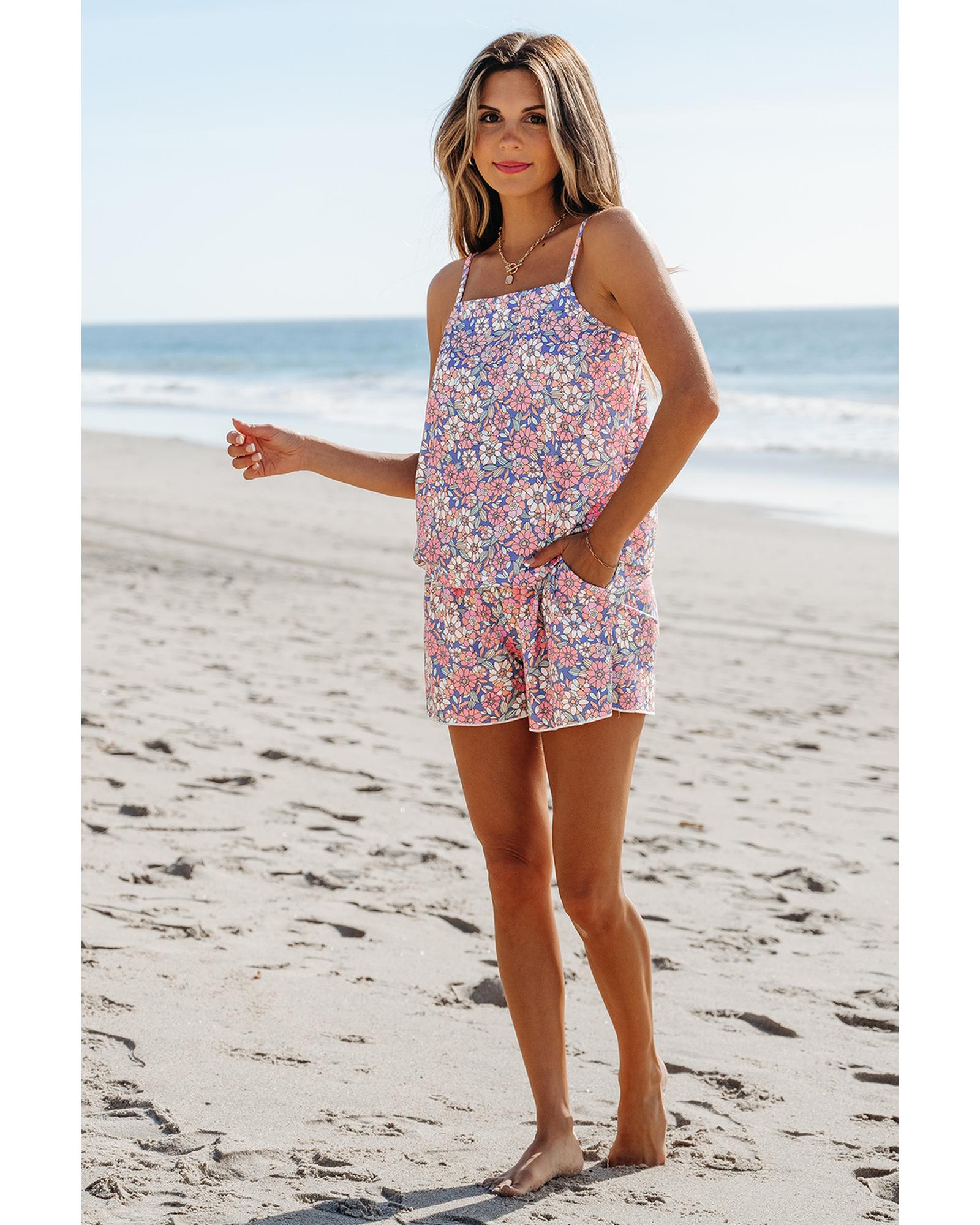 Sky Blue Floral Print Spaghetti Straps Tank Top and Shorts Set - XL 4