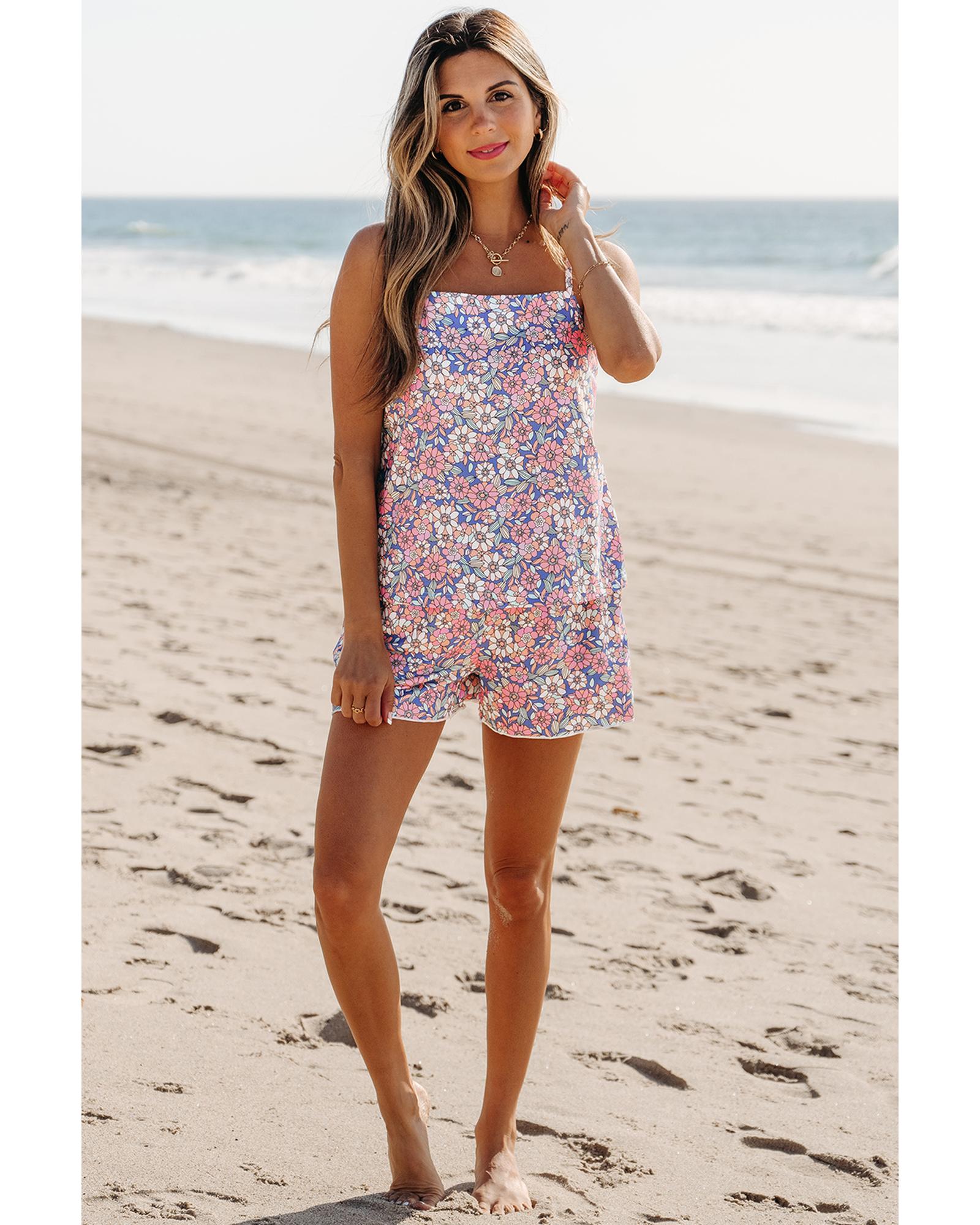 Sky Blue Floral Print Spaghetti Straps Tank Top and Shorts Set - XL 5